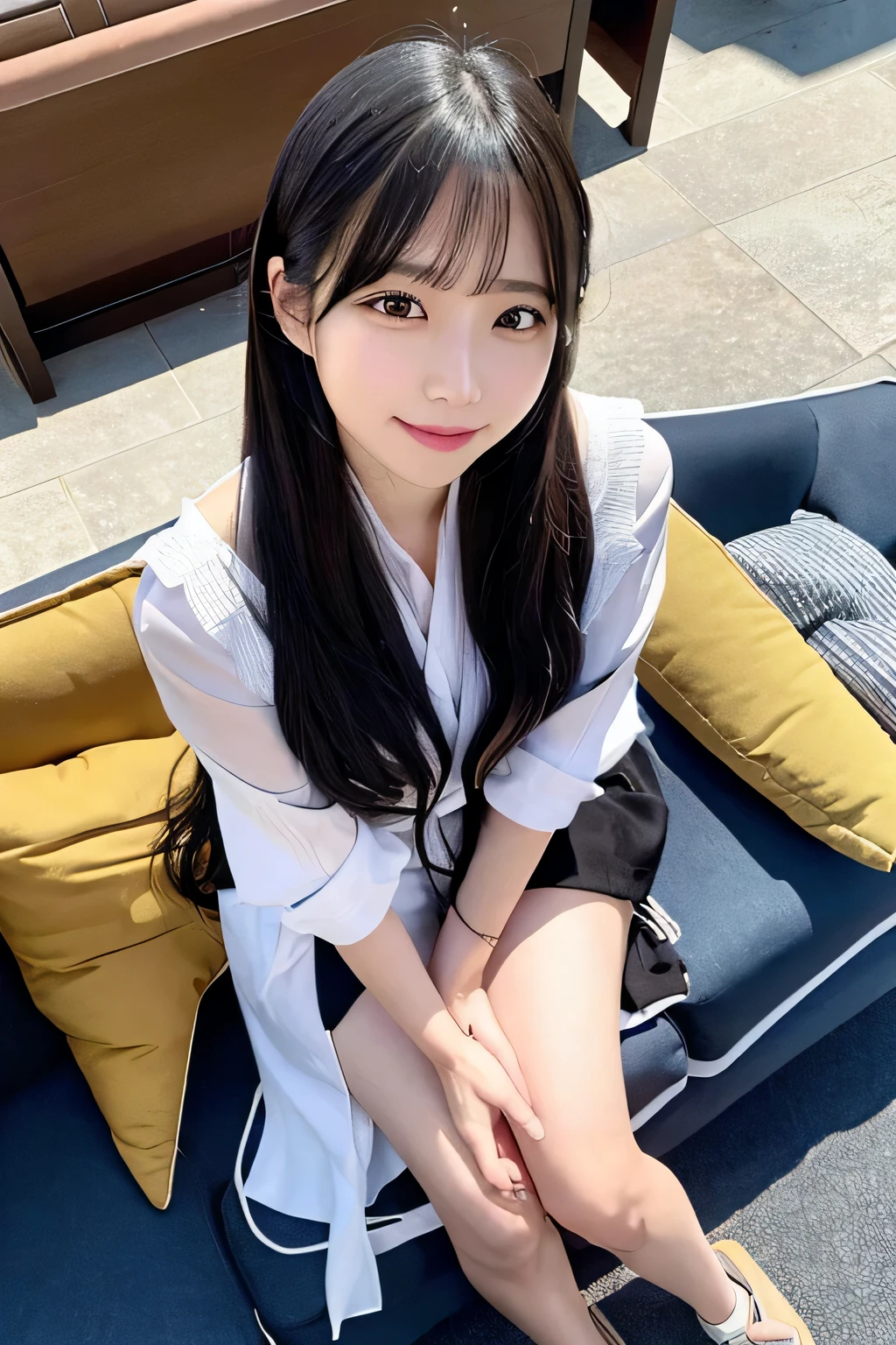 sit with your knees up on the sofa in the living room, spread your legs,long hair,giggle,moonlight,1 girl,big breasts,beautiful and fine eyes,cute,professional lighting,highest quality,shoot from above, stare intently,close your eyes,look up,(looking down from above:1.8),