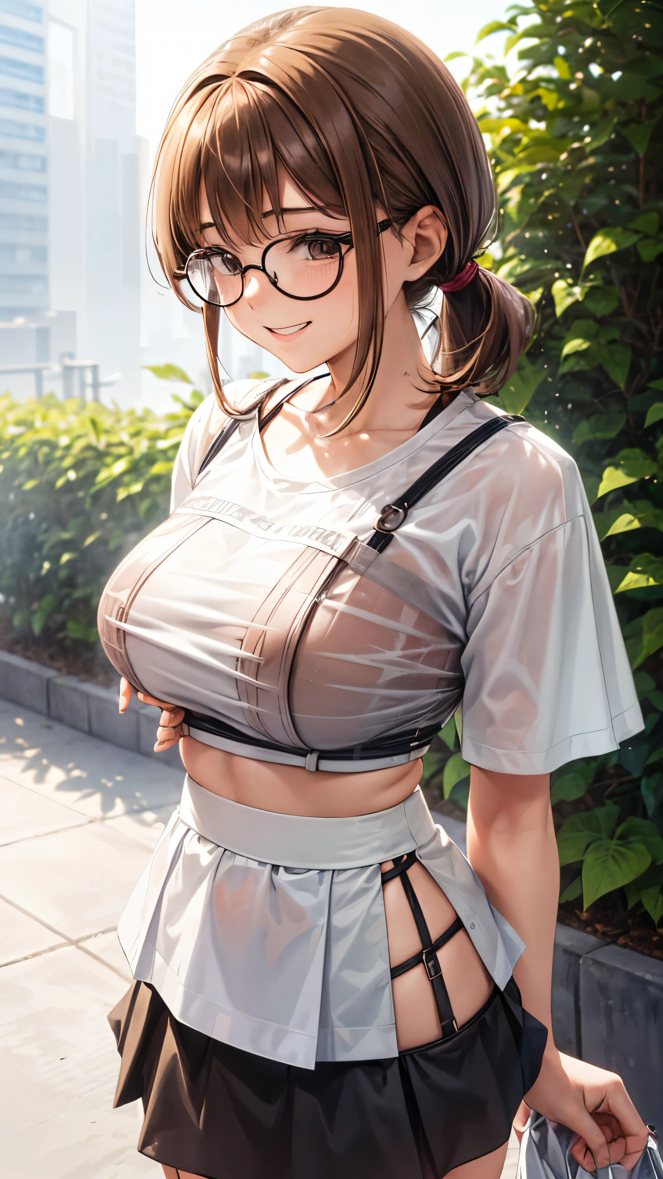 1 female,,brown hair,beautiful low ponytail hairstyle, (miniskirt and big white t-shirt, (double breasted,under bust:1.2), short sleeve, natural smile,,frameless eyeglasses,(leaning forward)