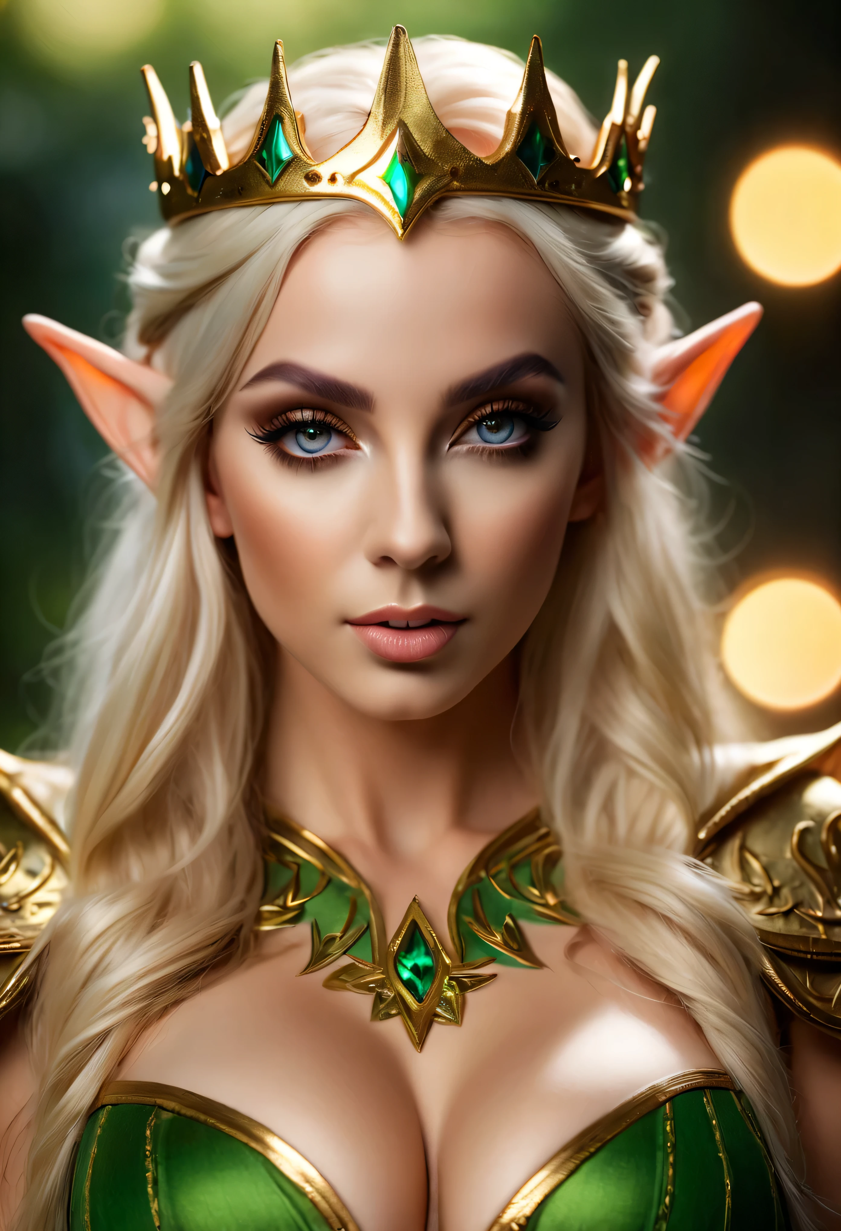 4k highly detailed realistic digital extremely high quality RAW photograph, (a portrait photo of pornstar Lily Lou as a fantasy elf queen), (beautiful and detailed eyes: 1.1), busty, bimbo, seductive, sexy, large breasts, epic, hyperrealistic, hyperrealism, 8k, cinematic lighting, (f1.8 short focus bokeh)