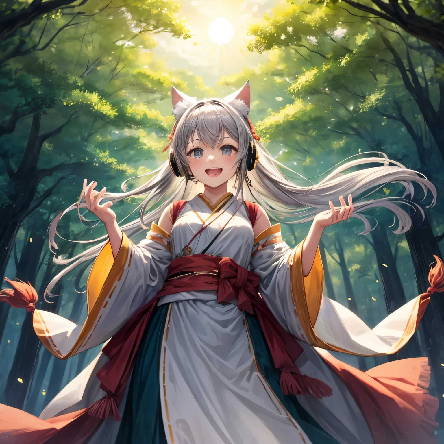 masterpiece, highest quality, movie stills, 1 girl, Cloud Girl, floating in the sky, close, bright, Happy, warm and soft lighting, sunset, (spark:0.7)、Cat ear、headphone、gray hair、17 year old girl、cute、Glamour、good style、laughter、Plump、good style、grassland、in the forest、shrine maiden、fortune teller、Mature、