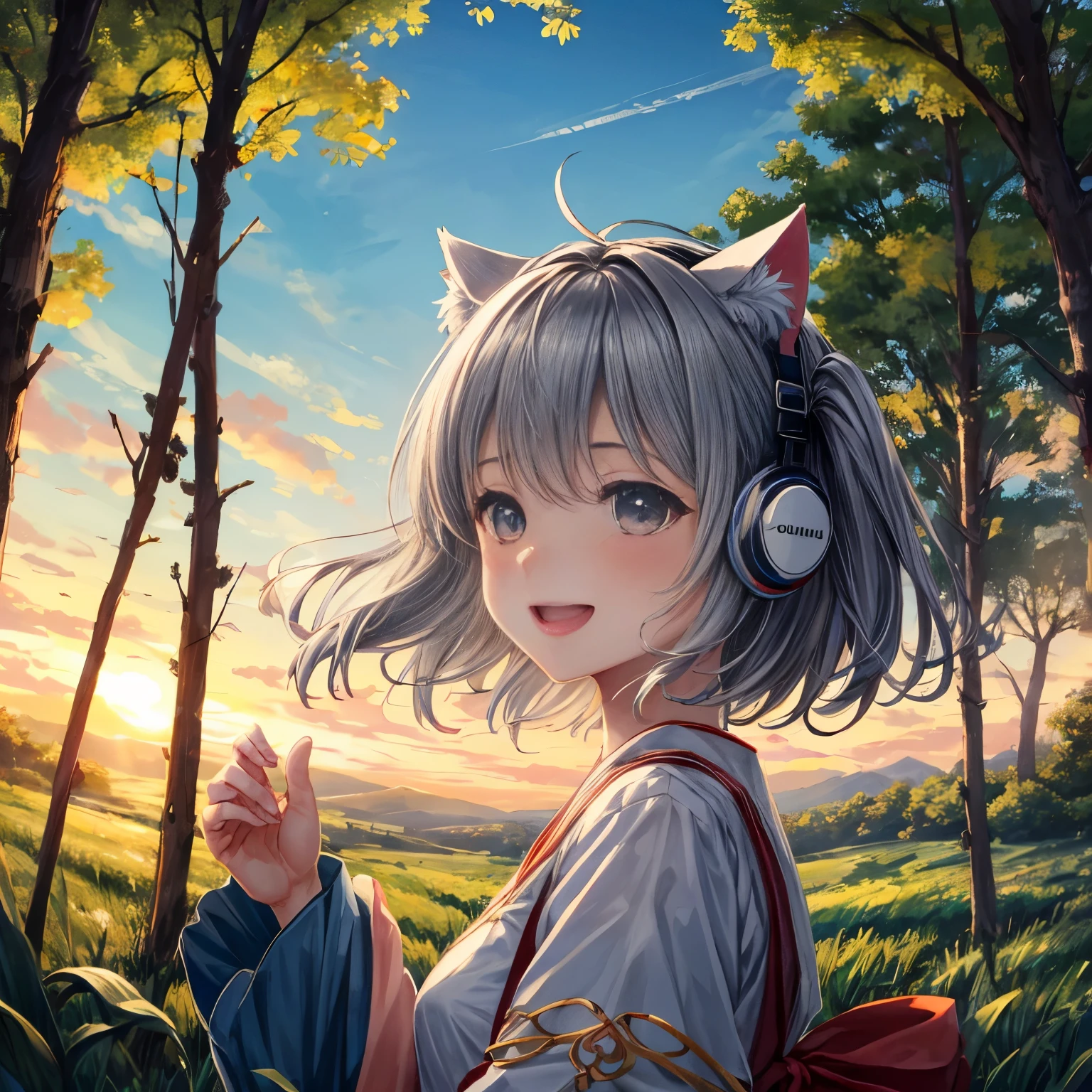 masterpiece, highest quality, movie stills, 1 girl, Cloud Girl, floating in the sky, close, bright, Happy, warm and soft lighting, sunset, (spark:0.7)、Cat ear、headphone、gray hair、17 year old girl、cute、Glamour、good style、laughter、Plump、good style、grassland、in the forest、shrine maiden、fortune teller、Mature、