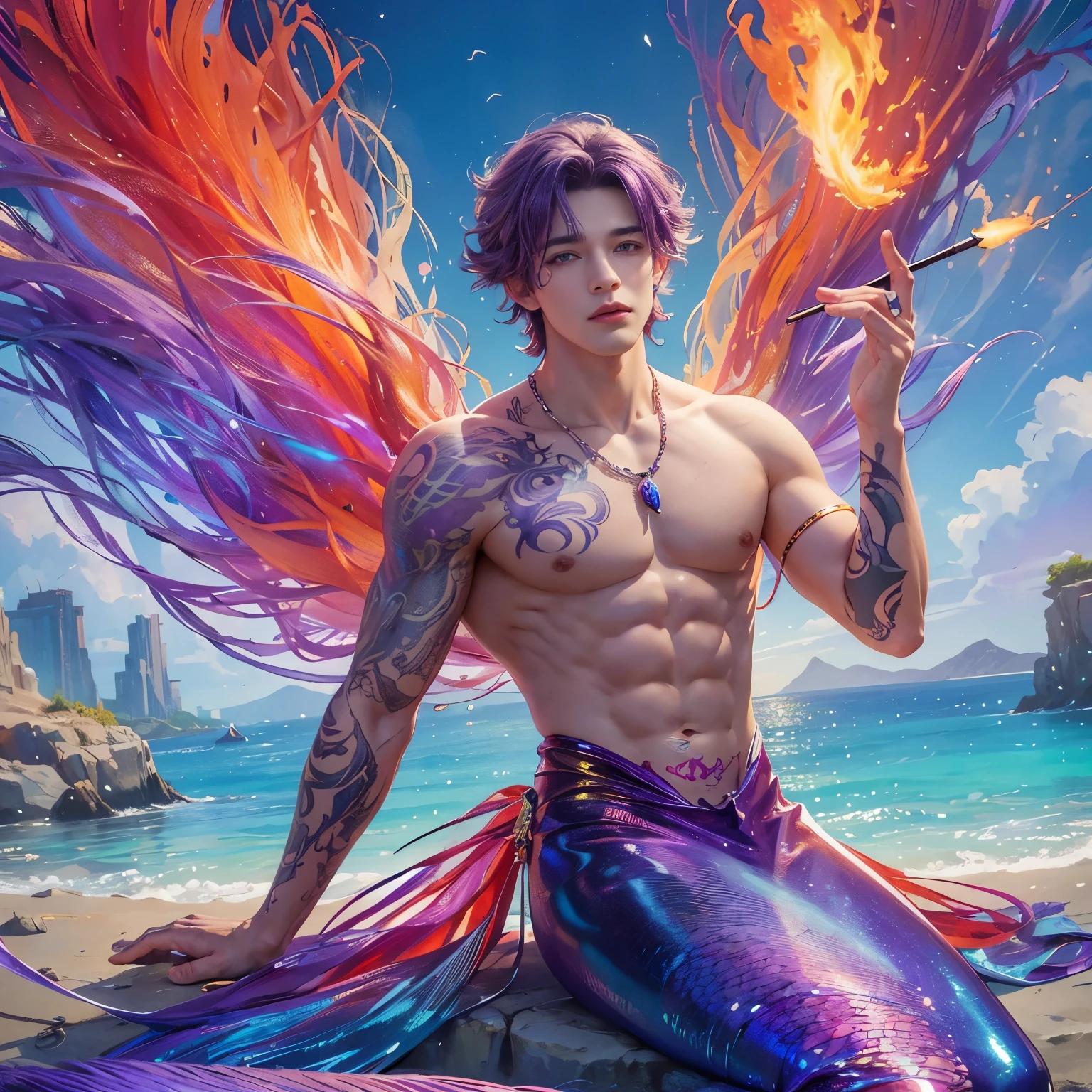 Best quality, masterpiece, high-res, 1 boy,A 24-year-old handsome , six-pack, purple part the middle of the curl hair ,white skin, deep purple eye pupils, wearing long big  colourfull transparent cloth of  light in his tail, merman with a purple red mermaid tail and with beautiful long colourfull transparent fin tail made of fire,fullbody, carrying magic paintbrush, fire magic come out from his paintbrush , sitting on temple looking forward,point of view from above,background oasis night ,in realistic art style,Purple pubic hair visible , perfect eyes, perfect face, high quality , clean Body ,no tattoo,Horny face ,body covered by sperm
