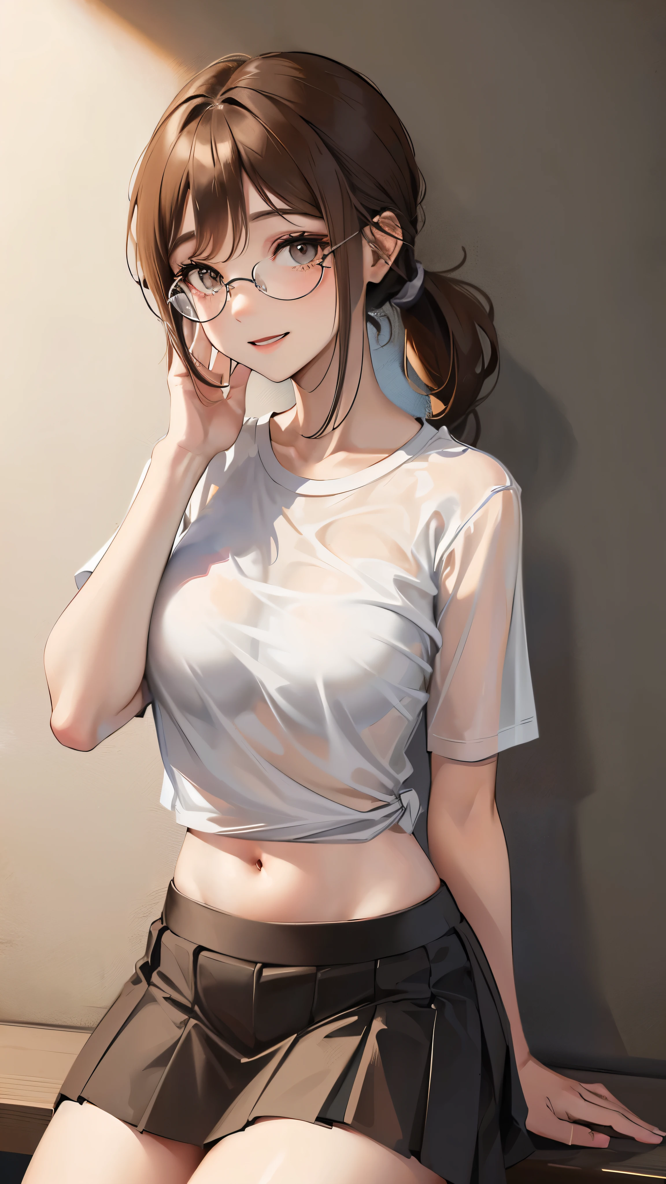 1 female,12 years old,brown hair,beautiful low ponytail hairstyle, (Miniskirt and large plain white T-shirt, (under bust:1.2), short sleeve, natural smile,,frameless eyeglasses,(leaning forward)See-through