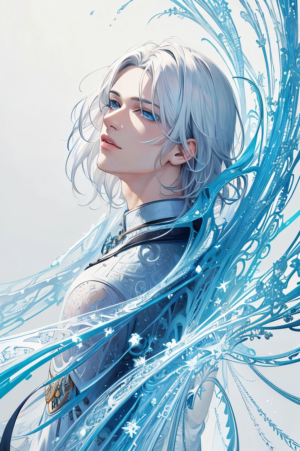 (masterpiece, highest quality, highest quality, official art, beautiful and aesthetic:1.2), boy very detailed,(fractal art:1.3),colorful,most detailed、White hair and blue eyes