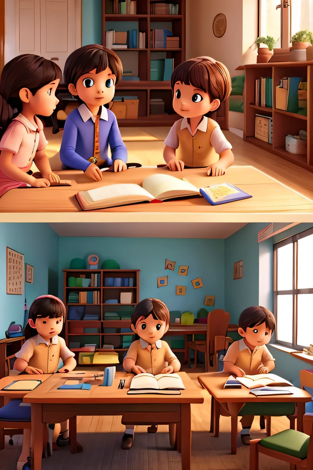 4 children are reading and studying in a neat classroom