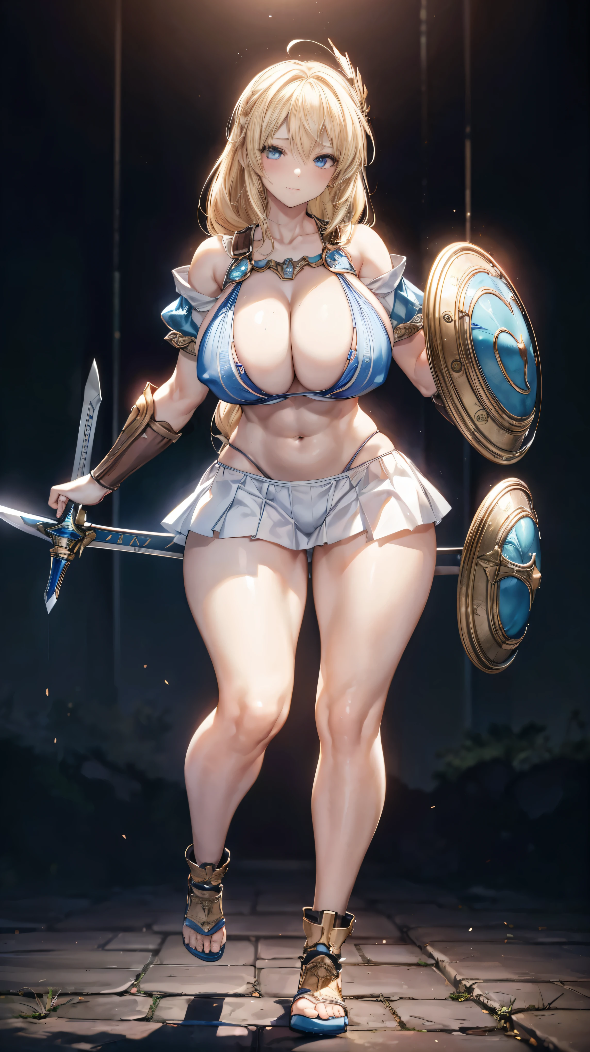 sensual, long blonde hair, thick thighs, 8k, 4k, highest quality, High resolution:1.2), cute anime face, noise reduction, shining blue eyes, gentle smile, gentle eyes、toned abdominal muscles, muscular arms, muscular legs, young face, anime eyes, (((big breasts、A chest that is about to burst)))、(((Sophitia Alexandra、Equipped with sword and shield)))、(((full body style)))