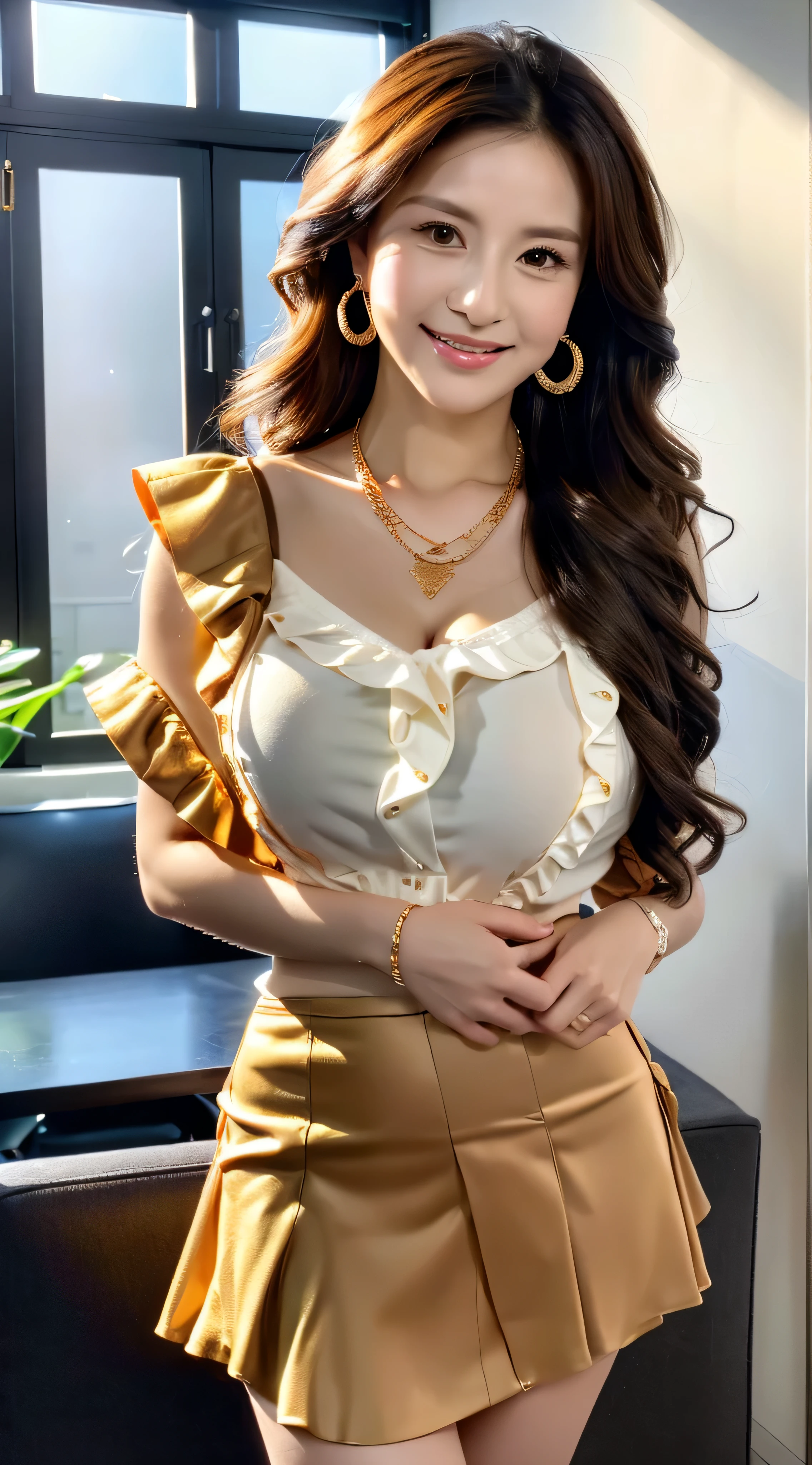 ulzzang -6500-v1.1、(Raw photo:1.2)、(フォトreal)、beautiful details、(real:1.4)、ighly detailed eyes and face、beautiful detailsな目、standing in the office、(超realなパンスト、high heels)、standing cross-legged、huge file size、High resolution、very detailed、highest quality、[masterpiece:1.6]、illustration、very detailed、nffsw、fine details、highest quality、8K wallpaper、cinematography lighting、1 milf、43 years old、perfect body shape、cute sagging eyes、beautiful big eyes、Pieck finger、((muste piece))、highest quality、1 milf、eye shadow、Portrait、((full body shot:1.4))、(very affectionate smile:1.2)、((brown super long hair:1.2))((loose and wavy hair:1.3))((white ruffle blouse_White mini skirt:1.2))((gold necklace_large earrings:1.3))