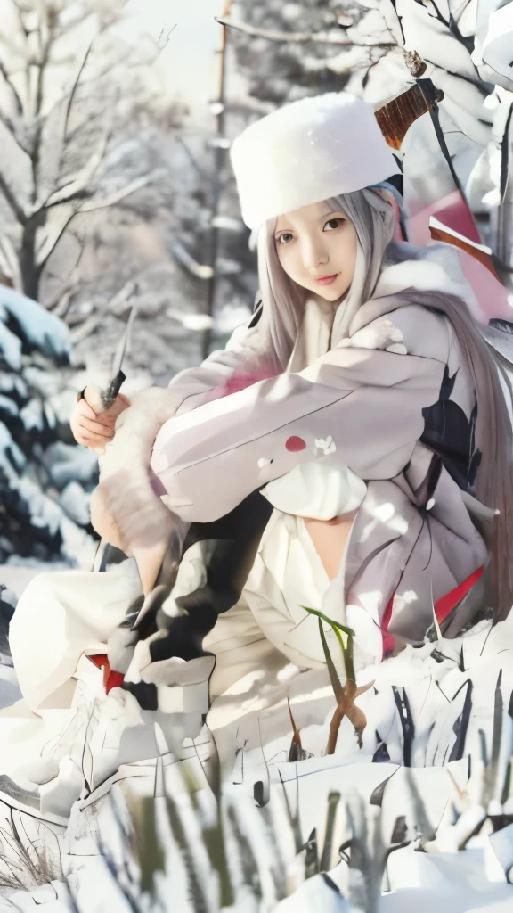anime girl sitting in the snow with a sword and a hat, haibane renmei, winter princess, asuna yuuki, very long snow colored hair, anime wallaper, in winter, anime visual of a cute girl, anime girl with long hair, white fox anime, white snow, in snow, beautiful anime girl, nyaruko-san, anime best girl