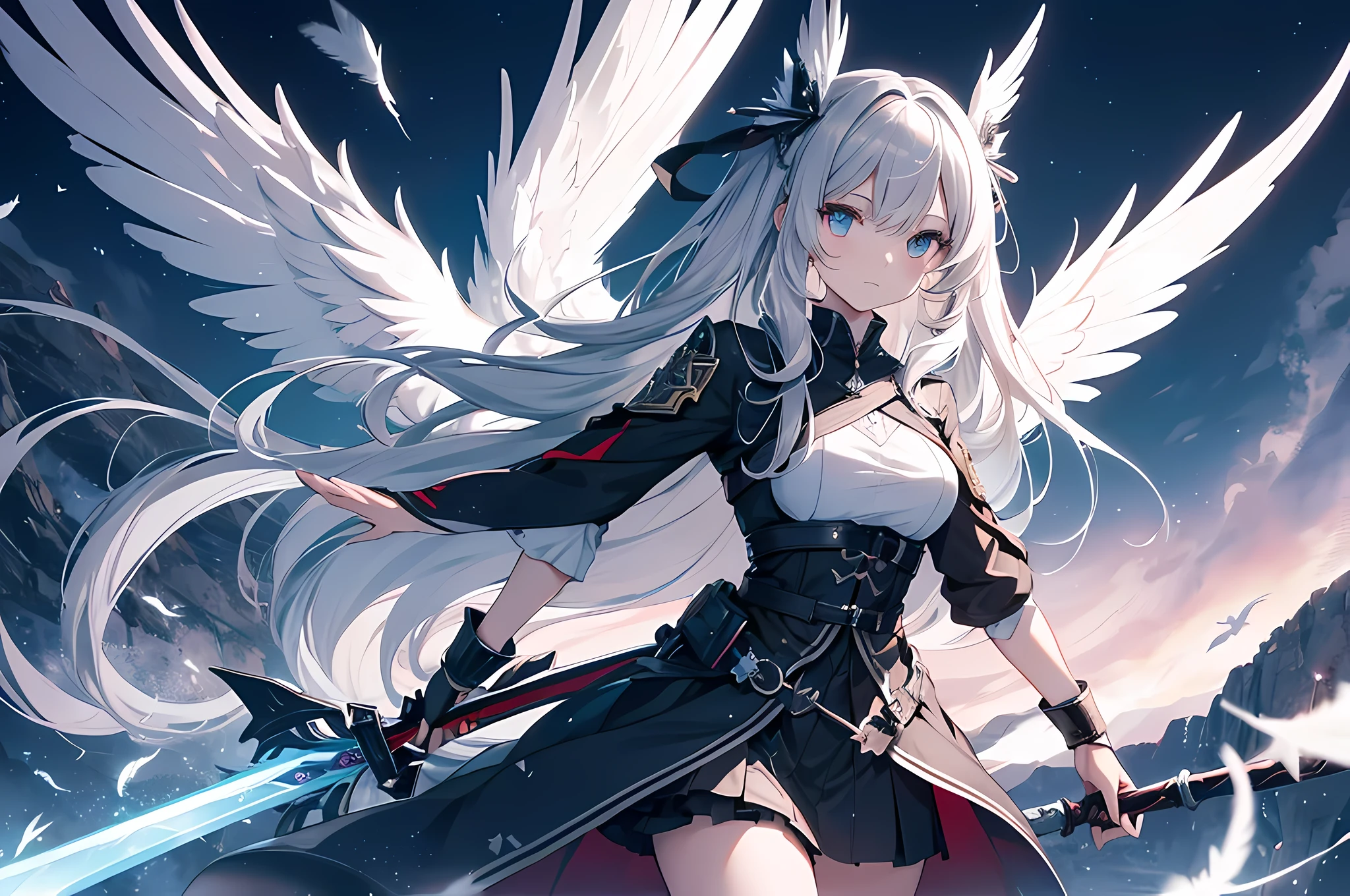Mira has wavy silver hair with blonde highlights. Her heterochromia eyes, red on the left and blue on the right. She holds a holy sword in her left hand and a shadow blade in her right. She is wearing clothes bestowed by the gods as her ascension into a valkyrie goddess, flying through the night sky with her wings colored black and white as floating angel and black feathers cover the sky.