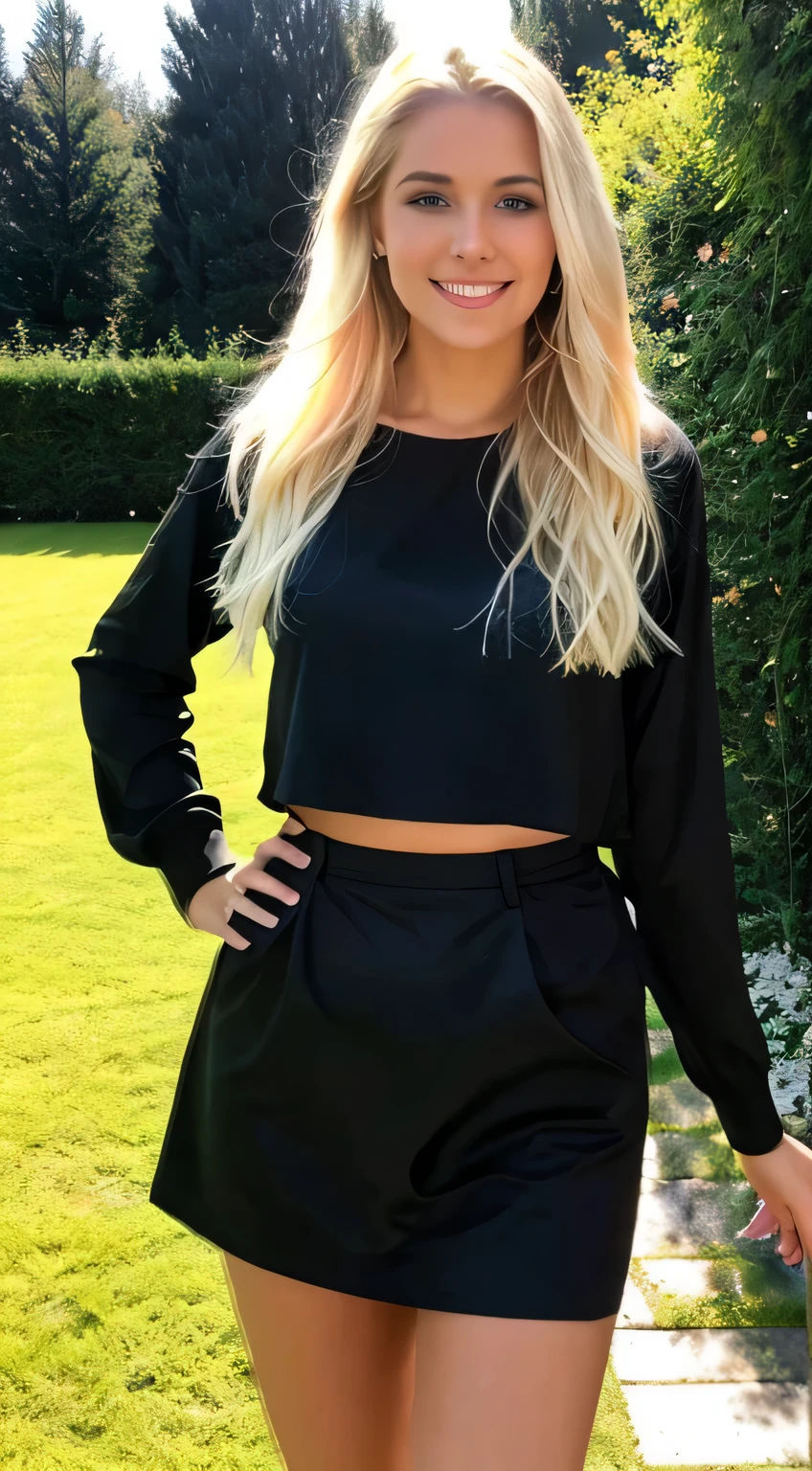 A 23 year old blonde woman, ((Big )), ((Hyperrealismus)) ,. blondes Haar mit hellbraunem Ansatz. blondes Haar, Haare mit braunen Wurzeln, extra langes Haar, sehr langes Haar, wirklich lange Haare, Nice, Vorderansicht, Selfie, Foto mit iPhone aufgenommen, elegantes schwarzes Hemd mit Escote, tief geschnitten, Selfie in the garden, good quality, Selfie iPhone, Dekollete