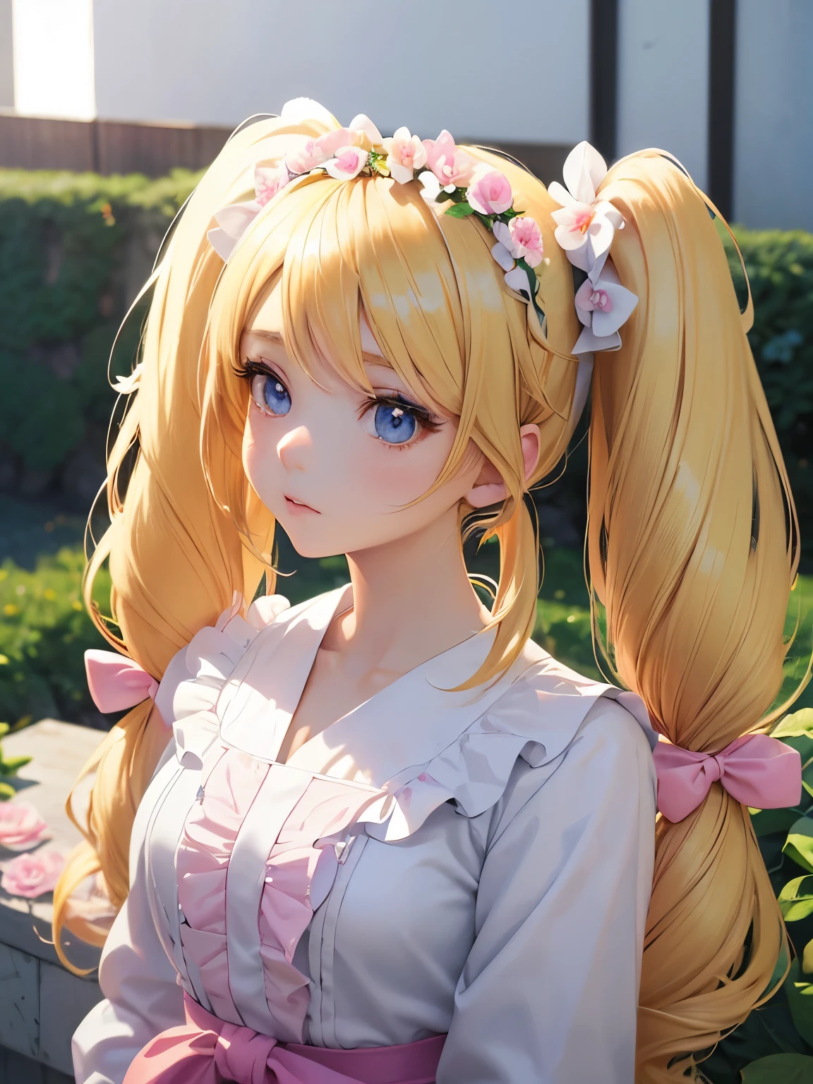 anime girl wearing a white shirt and a flower crown, beautiful anime portrait, stunning anime face portrait, beautiful anime girl, kawaii realistic portrait, detailed portrait of anime girl, portrait anime girl, realistic anime 3 d style, realistic young anime girl, realistic anime artstyle, young anime girl, anime realism style, realistic anime art style ,((( petitegirl with blonde twin tails))),