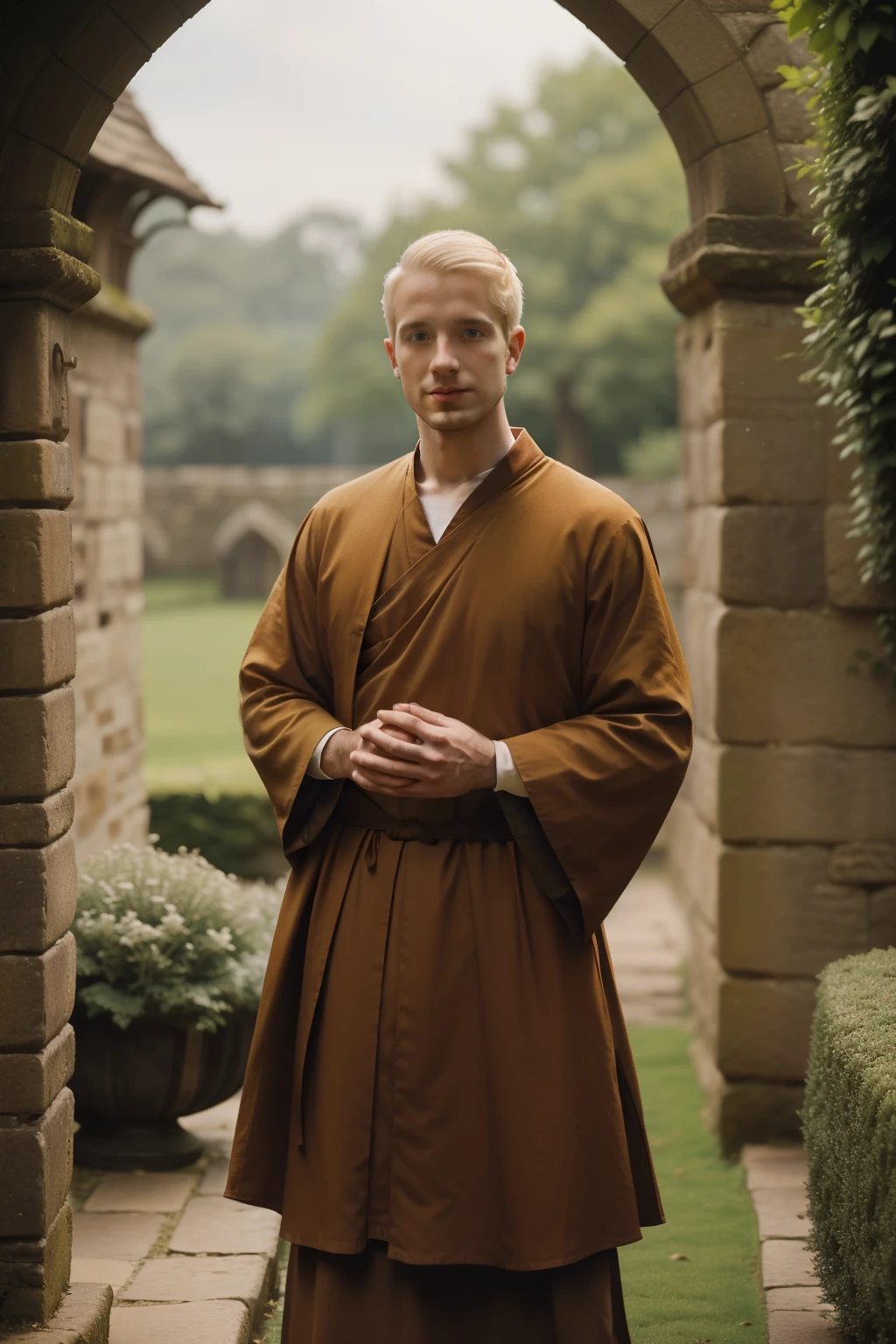 England, 1337. A young ((((31-year-old)) Saul Whitehead)), monk, shy, in the gardens, ((welcoming expression)). ((((monk clothings from the 1300s)))), ((platinum blond hairstyle of the 1300s))