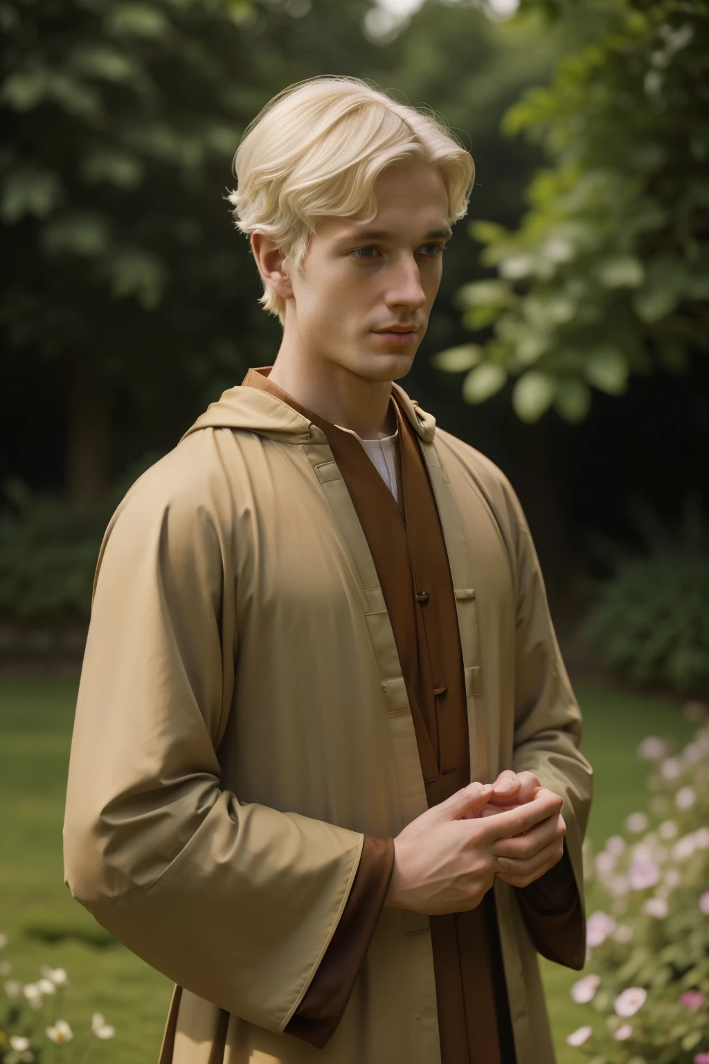 England, 1337. A young ((((31-year-old)) Saul Whitehead)), monk, shy, in the gardens, ((welcoming expression)). ((((monk clothings from the 1300s)))), ((platinum blond hairstyle of the 1300s))