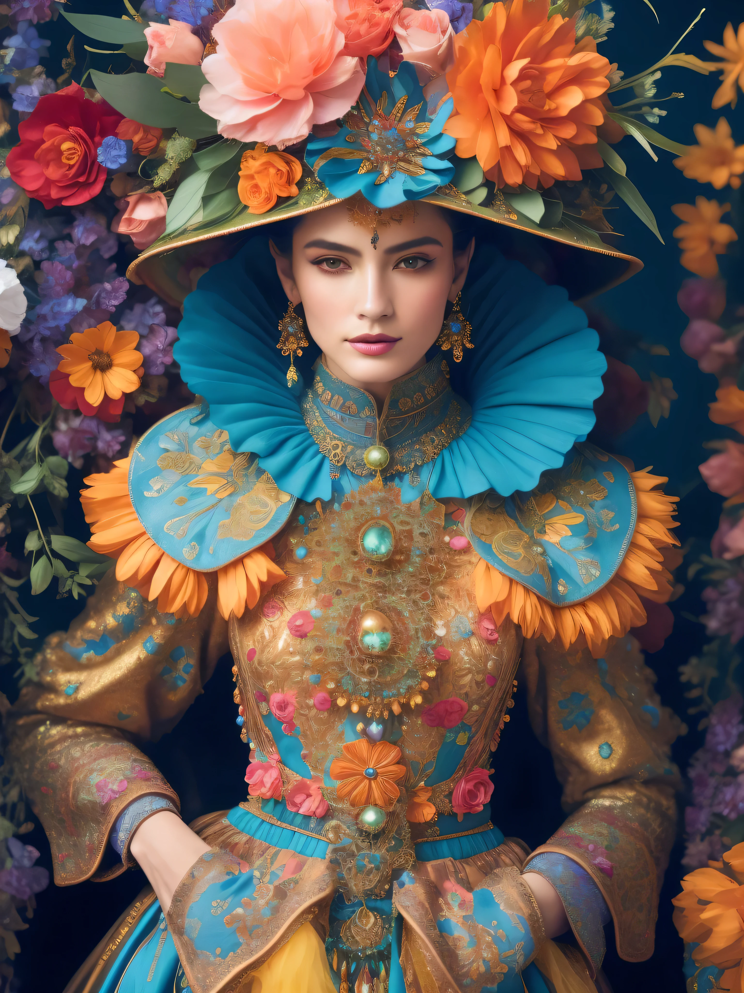 arafed woman in a colorful dress and hat with flowers, inspired by james christensen, ornate cosplay, wearing an ornate outfit, fine art fashion magazine style, elaborate costume, karol bak uhd, intricate costume design, fine art fashion photography, ornate clothing, wearing ornate clothing, colorful rich fantasy clothing, maximalist fashion, ornate attire, high fashion fantasy