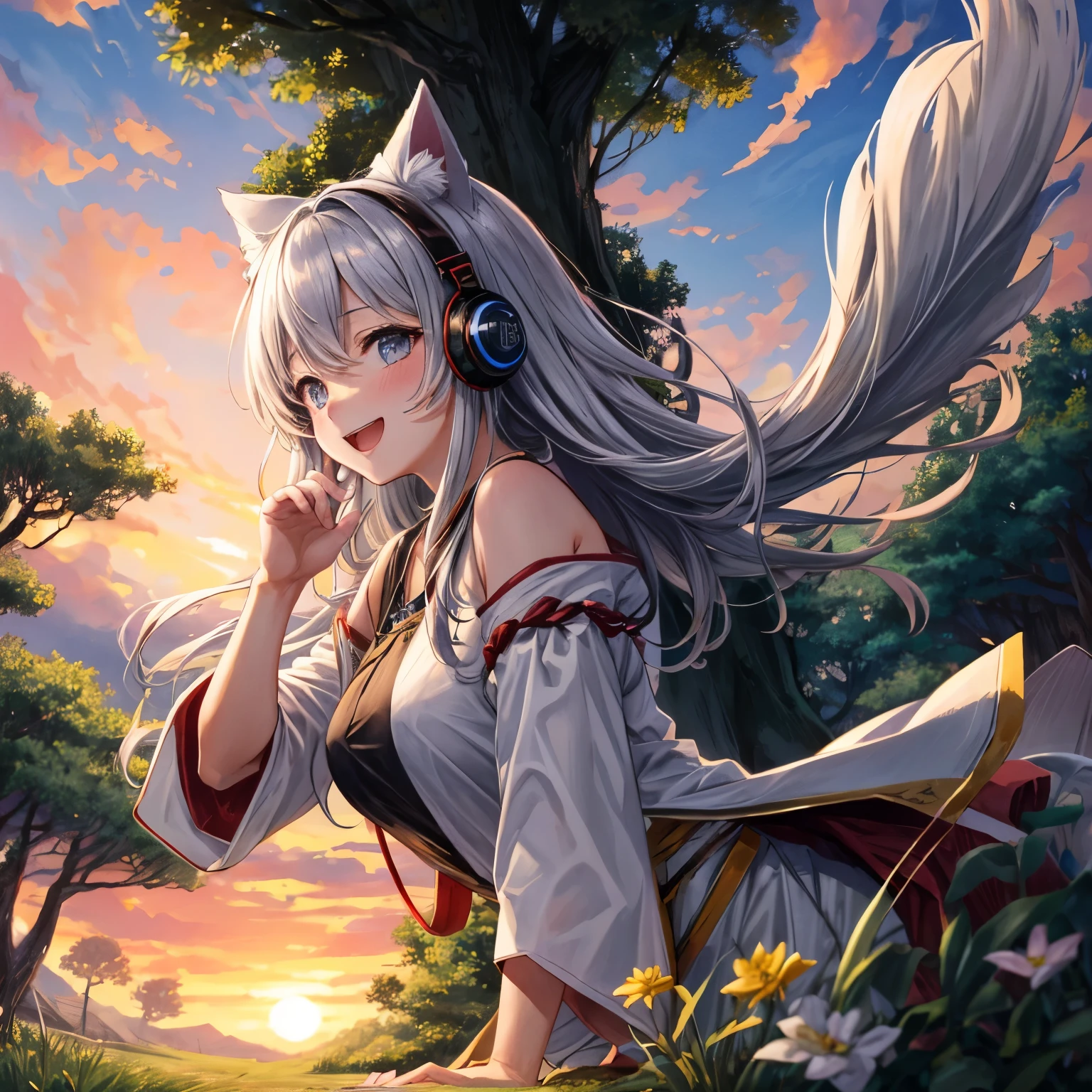 masterpiece, highest quality, movie stills, 1 girl, Cloud Girl, floating in the sky, close, bright, Happy, warm and soft lighting, sunset, (spark:0.7)、Cat ear、headphone、gray hair、 girl、cute、Glamour、good style、laughter、Plump、good style、grassland、in the forest、shrine maiden、fortune teller、Mature、cartoonist、earthquake、meteorite、tsunami、