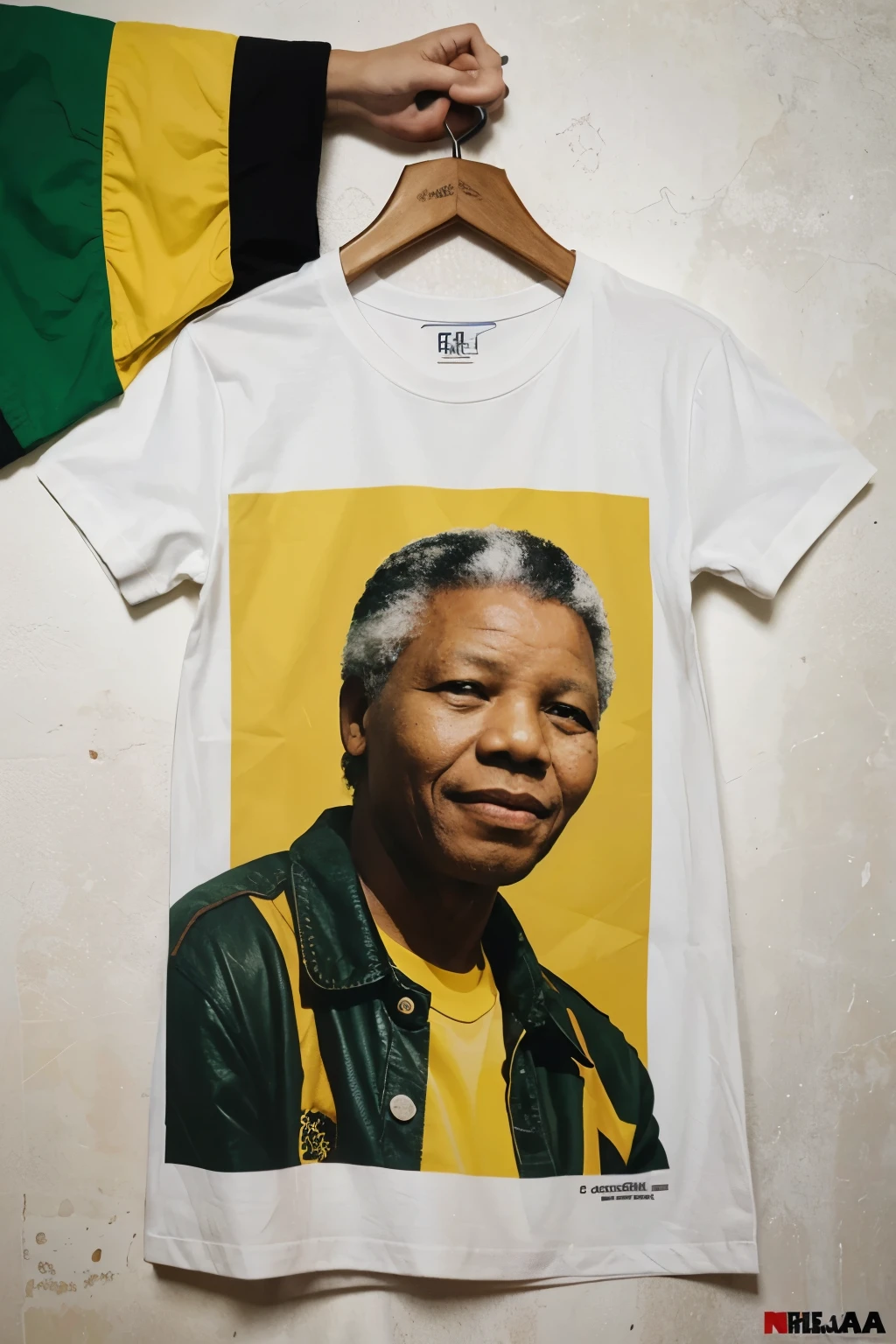 design a graphic meant for a T shirt, influenced by the brand Daily Paper. include Nelson Mandela and ANC(African National Congress) colors in the design