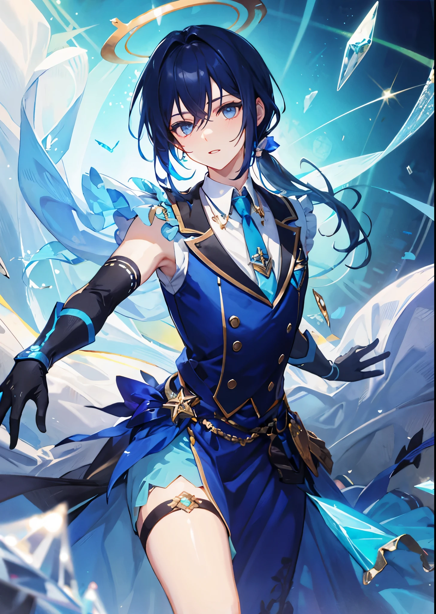 young man with blue hair, tie ponytail, Wearing elegant blue dress, Surrounded by blue crystals, Fluorescent blue halo, Wearing crystal gauntlets