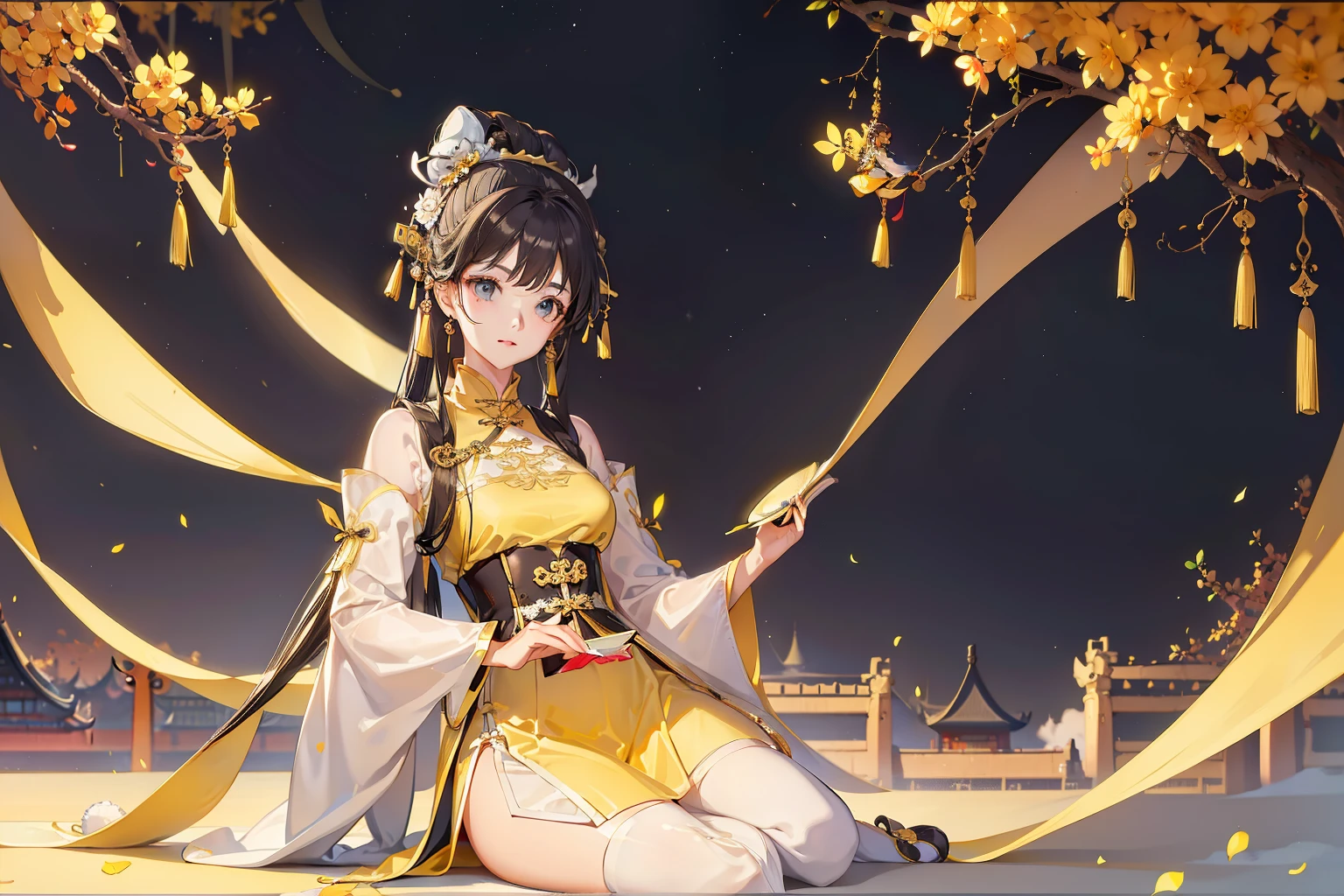 a girl,bun hairstyles,  Wearing yellow and white dress, black stockings,China costume
