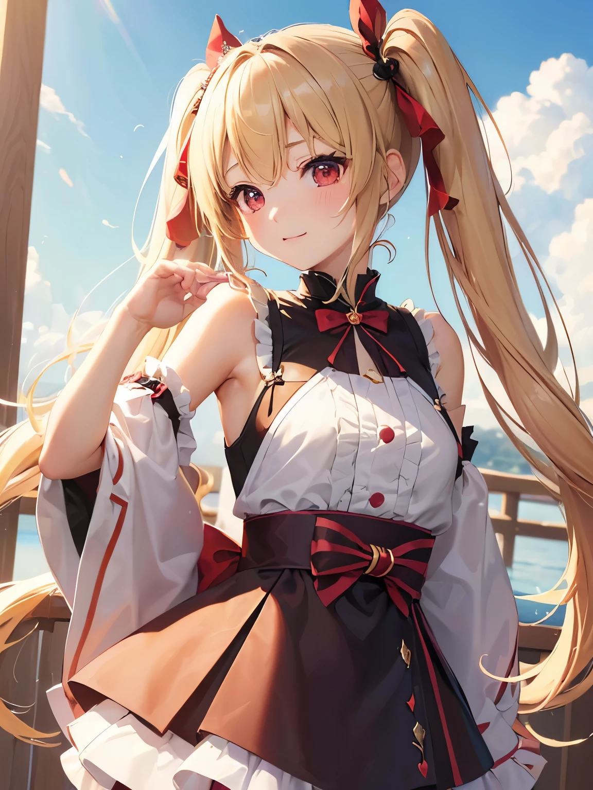 masterpiece,best quality, 1girl, solo, slight smile, slight smile, cherry, sunlight dapple, butterfly, red eyes,, ((( petitegirl with blonde twin tails))),,(((笑顔))),(((手でハート))),(((上半身))),(((ライトアップ))),(((可愛いポーズ))),