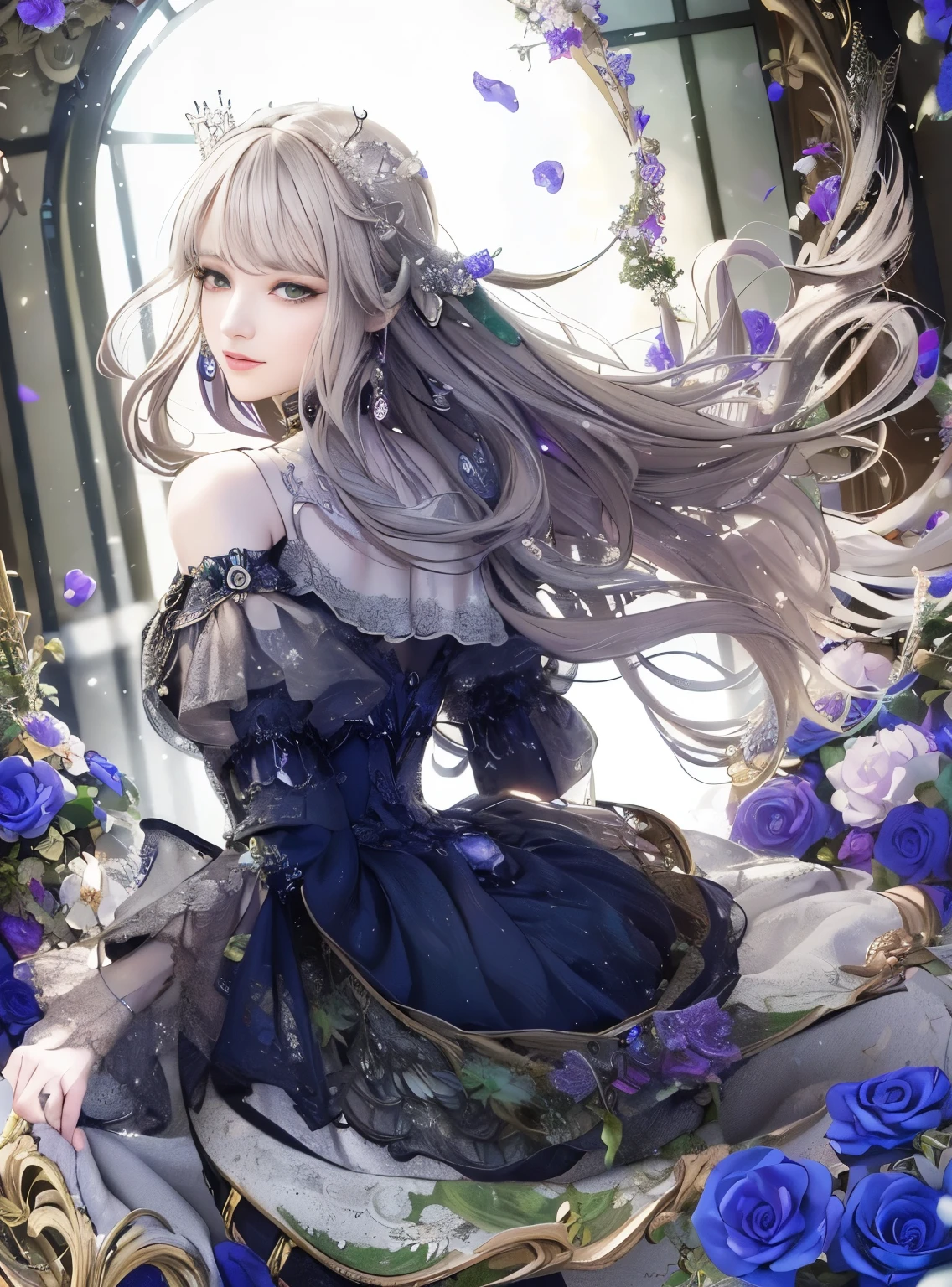 (Masterpiece) 8K resolution, Immortal Queen, Beautiful boy blooms, Green long hair, browneyes, Gray-gray eyes, Smile, Fantasy style,(masterpiece, top quality, best quality, official art, beautiful and aesthetic:1.2), (1girl), extreme detailed,(fractal art:1.3),colorful,highest detailed