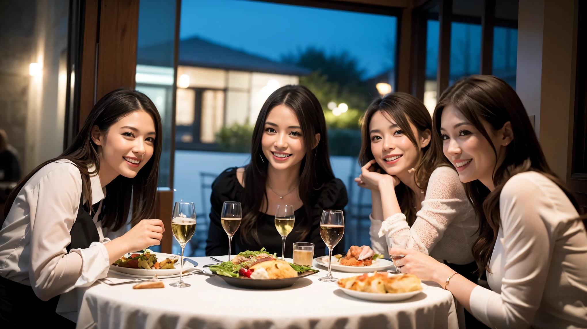 64k, Hmm, highest quality, masterpiece: 1.2), (realistic, photorealistic: 1.37), Super detailed, celebration party、beauty、Charm、beautiful mature woman、3 women who love wine、three men、Champagne、sparkling wine、winter night、restaurantでワイン宴会、(slimな男女4名),(Wine party for 5 people)、(slimフェイス),Happy、 最高なsmile、Fox face、Raccoon face、Berry Short、(because I'thin), (brown hair), (shortcut), long sleeve shirt、winter fashion、Columbia、Brazilian、Japanese、Dutch、German、Portuguese、Belgian、Italian、French, (squirt), (slimボティ), (brown hair), (shortcut), 端正なbeauty、cheeks turn a little red, (41 years old), 38 years old, 35 years old、32 years old、 43 years old、A beautiful and detailed night view spreads out outside the window......., restaurant, wine glassが座っている, At night, in a prominent place (from the Upper body) nova frog style, actress, model, Upper body, White wine, slim, wine glass, Very beautiful night view, wine glass Put in the Middle, Happy smile, (smile: 1.15),