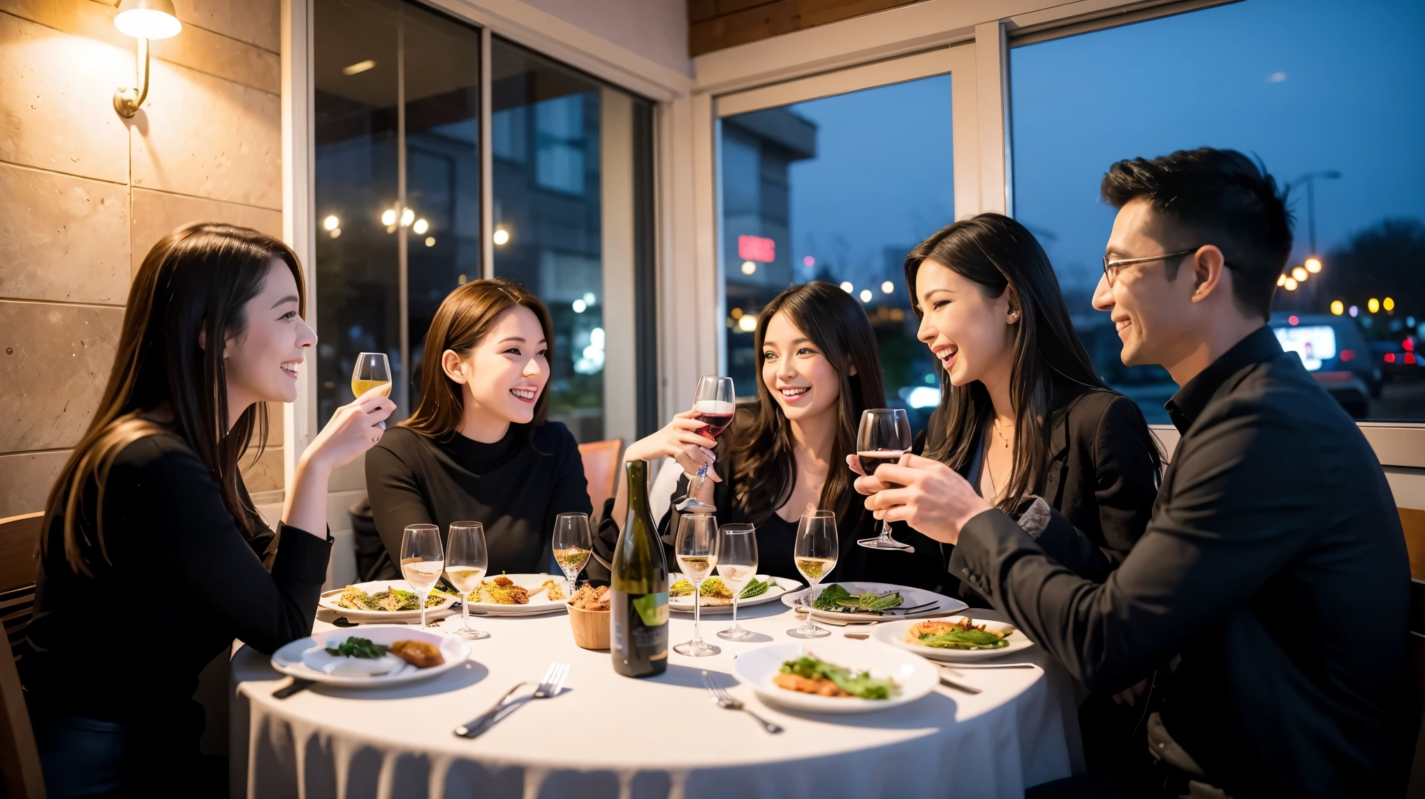 64k, Hmm, highest quality, masterpiece: 1.2), (realistic, photorealistic: 1.37), Super detailed, celebration party、beauty、Charm、beautiful mature woman、3 women who love wine、three men、Champagne、sparkling wine、winter night、restaurantでワイン宴会、(slimな男女4名),(Wine party for 5 people)、(slimフェイス),Happy、 最高なsmile、Fox face、Raccoon face、Berry Short、(because I&#39;thin), (brown hair), (shortcut), long sleeve shirt、winter fashion、Columbia、Brazilian、Japanese、Dutch、German、Portuguese、Belgian、Italian、French, (squirt), (slimボティ), (brown hair), (shortcut), 端正なbeauty、cheeks turn a little red, (41 years old), 38 years old, 35 years old、32 years old、 43 years old、A beautiful and detailed night view spreads out outside the window......., restaurant, wine glassが座っている, At night, in a prominent place (from the Upper body) nova frog style, actress, model, Upper body, White wine, slim, wine glass, Very beautiful night view, wine glass Put in the Middle, Happy smile, (smile: 1.15), 