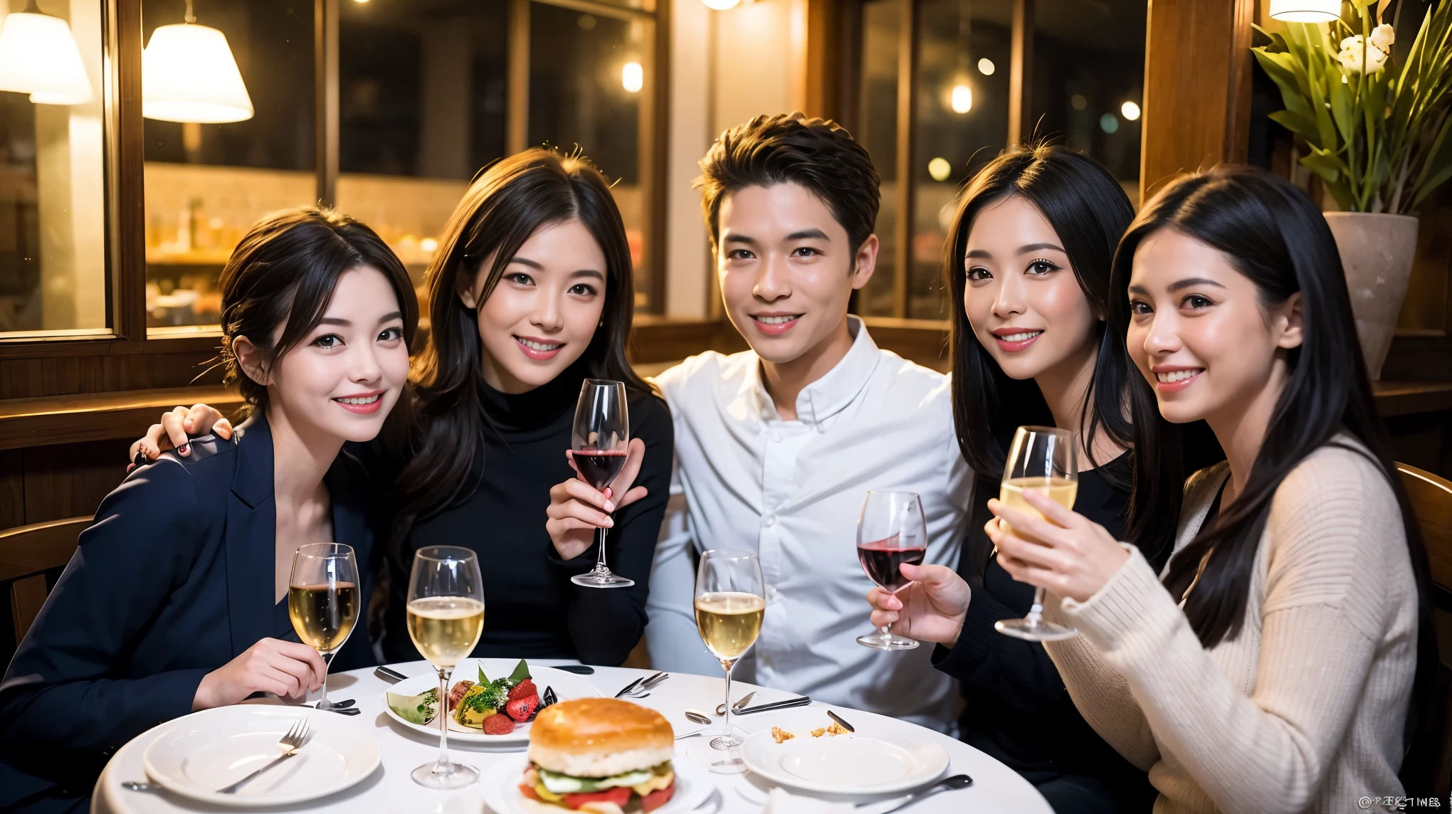 64k, Hmm, highest quality, masterpiece: 1.2), (realistic, photorealistic: 1.37), Super detailed, celebration party、beauty、Charm、beautiful mature woman、3 women who love wine、three men、Champagne、sparkling wine、winter night、restaurantでワイン宴会、(slimな男女4名),(Wine party for 5 people)、(slimフェイス),Happy、 最高なsmile、Fox face、Raccoon face、Berry Short、(because I'thin), (brown hair), (shortcut), long sleeve shirt、winter fashion、Columbia、Brazilian、Japanese、Dutch、German、Portuguese、Belgian、Italian、French, (squirt), (slimボティ), (brown hair), (shortcut), 端正なbeauty、cheeks turn a little red, (41 years old), 38 years old, 35 years old、32 years old、 43 years old、A beautiful and detailed night view spreads out outside the window......., restaurant, wine glassが座っている, At night, in a prominent place (from the Upper body) nova frog style, actress, model, Upper body, White wine, slim, wine glass, Very beautiful night view, wine glass Put in the Middle, Happy smile, (smile: 1.15),
