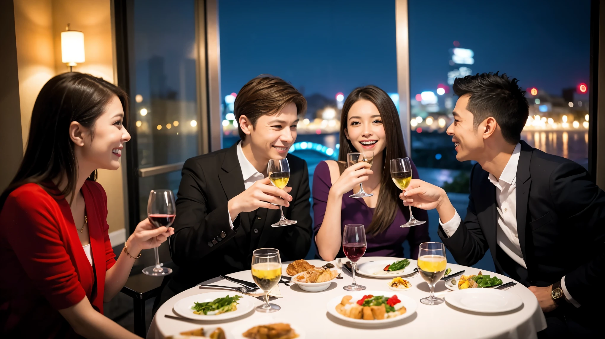 64k, Hmm, highest quality, masterpiece: 1.2), (realistic, photorealistic: 1.37), Super detailed, celebration party、beauty、Charm、beautiful mature woman、3 women who love wine、three men、Champagne、sparkling wine、winter night、restaurantでワイン宴会、(slimな男女4名),(Wine party for 5 people)、(slimフェイス),Happy、 最高なsmile、Fox face、Raccoon face、Berry Short、(because I'thin), (brown hair), (shortcut), long sleeve shirt、winter fashion、Columbia、Brazilian、Japanese、Dutch、German、Portuguese、Belgian、Italian、French, (squirt), (slimボティ), (brown hair), (shortcut), 端正なbeauty、cheeks turn a little red, (41 years old), 38 years old, 35 years old、32 years old、 43 years old、A beautiful and detailed night view spreads out outside the window......., restaurant, wine glassが座っている, At night, in a prominent place (from the Upper body) nova frog style, actress, model, Upper body, White wine, slim, wine glass, Very beautiful night view, wine glass Put in the Middle, Happy smile, (smile: 1.15),