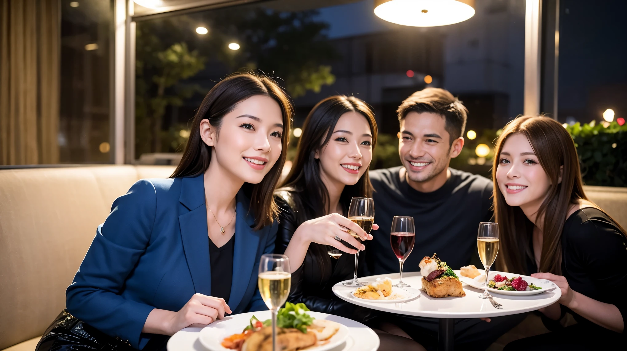 64k, Hmm, highest quality, masterpiece: 1.2), (realistic, photorealistic: 1.37), Super detailed, celebration party、beauty、Charm、beautiful mature woman、3 women who love wine、three men、Champagne、sparkling wine、winter night、restaurantでワイン宴会、(slimな男女4名),(Wine party for 5 people)、(slimフェイス),Happy、 最高なsmile、Fox face、Raccoon face、Berry Short、(because I'thin), (brown hair), (shortcut), long sleeve shirt、winter fashion、Columbia、Brazilian、Japanese、Dutch、German、Portuguese、Belgian、Italian、French, (squirt), (slimボティ), (brown hair), (shortcut), 端正なbeauty、cheeks turn a little red, (41 years old), 38 years old, 35 years old、32 years old、 43 years old、A beautiful and detailed night view spreads out outside the window......., restaurant, wine glassが座っている, At night, in a prominent place (from the Upper body) nova frog style, actress, model, Upper body, White wine, slim, wine glass, Very beautiful night view, wine glass Put in the Middle, Happy smile, (smile: 1.15),