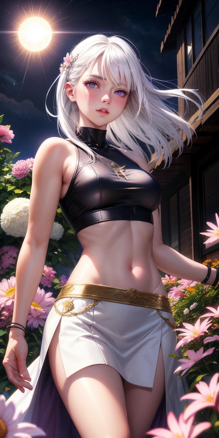 realistic, 1girl, white hair, purple eyes, glowing eyes, crop top, skirt, parted lips, blush, night, flowers, sun, sunlight,