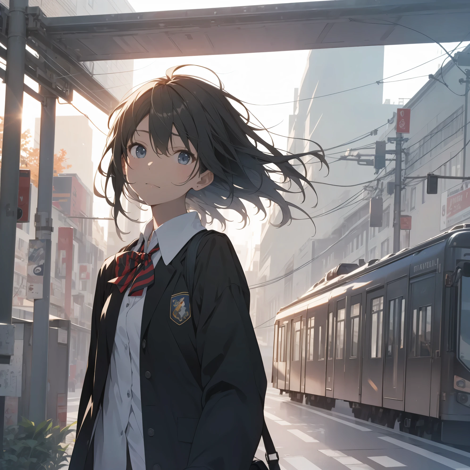 Ultra-highest quality by the art god, super detailed, High resolution, anime moe art style, Best Anime 8K Kona-chan Wallpaper, pixiv contest winner, perfect anatomy, break,(眠そうにalone学校へ行く女の子を描いてください. )break, 1 girl,(alone,little woman,13 years old:1.3),All limbs, full finger,, immature charm, (very short hair), bangs, flat chest, Because I'm slender, thin body, small ass, between legs, upward facing eyes, Big eyes, black eye, detailed and beautiful eyes, Well-proportioned iris and pupils, expressive eyes, beautiful detail lip, High resolutionの詳細な髪, ribbon, Ascot, bow, school uniform, school bag.(detailed lighting), (detailed background), On the way to school. break,super dense skin, Best lighting by famous artists, 8k, figure,Hmm, rough skin