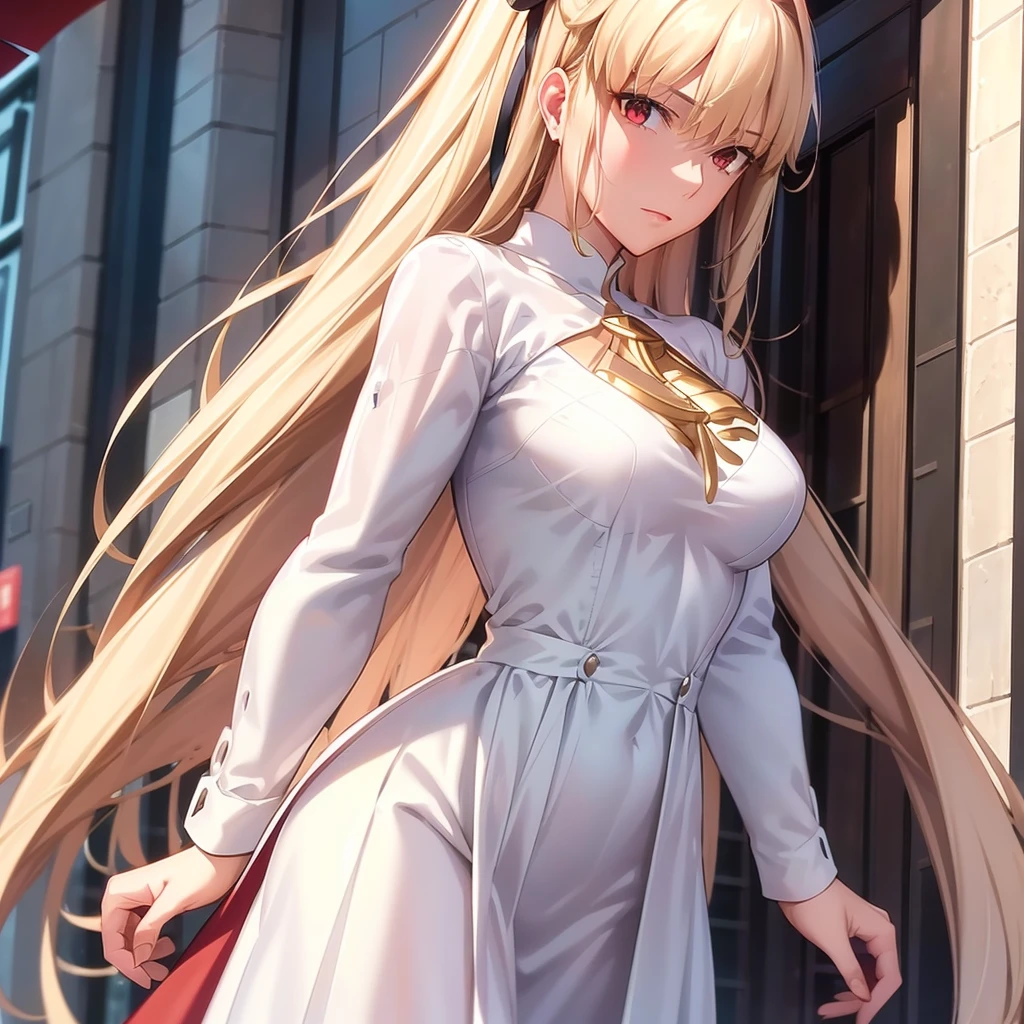 A woman with long flowing hair, wearing a red dress, walks gracefully down a lively street. Her eyes shine brightly with a hint of mystery, and her lips are painted in a deep shade of crimson. Arcueid, the main character of Tsukihime, possesses an otherworldly beauty that captivates everyone who lays eyes on her. 

The scene is filled with vibrant colors and the sounds of music and laughter. The street is lined with charming cafes and shops, bustling with activity. The buildings are adorned with intricate architectural details, showcasing the rich history of the city. 

Arcueid's presence creates a sense of awe and wonder, as if she is a mythical creature traversing the mortal realm. Her every step exudes confidence and grace, drawing the attention of everyone around her. 

The artwork is created with a medium that combines the techniques of traditional painting and digital rendering. It captures every fine detail of Arcueid's ethereal beauty, from the strands of her hair delicately swaying in the breeze to the subtle shadows on her face. 

The image is of the highest quality, with crisp lines and vibrant colors. It possesses an ultra-realistic quality, as if it were a photograph frozen in time. The lighting is expertly crafted, with soft, natural light cascading over Arcueid's figure, creating a gentle glow that accentuates her features. 

The overall color palette is rich and vibrant, with deep reds and bold contrasting colors. It creates a sense of drama and intensity, emphasizing the enigmatic aura surrounding Arcueid. 

This artwork is a masterpiece in every sense of the word. It transports viewers to a world where fantasy and reality intertwine, evoking emotions of fascination and intrigue. It is a visual representation of Arcueid's journey, capturing both her strength and vulnerability. 
