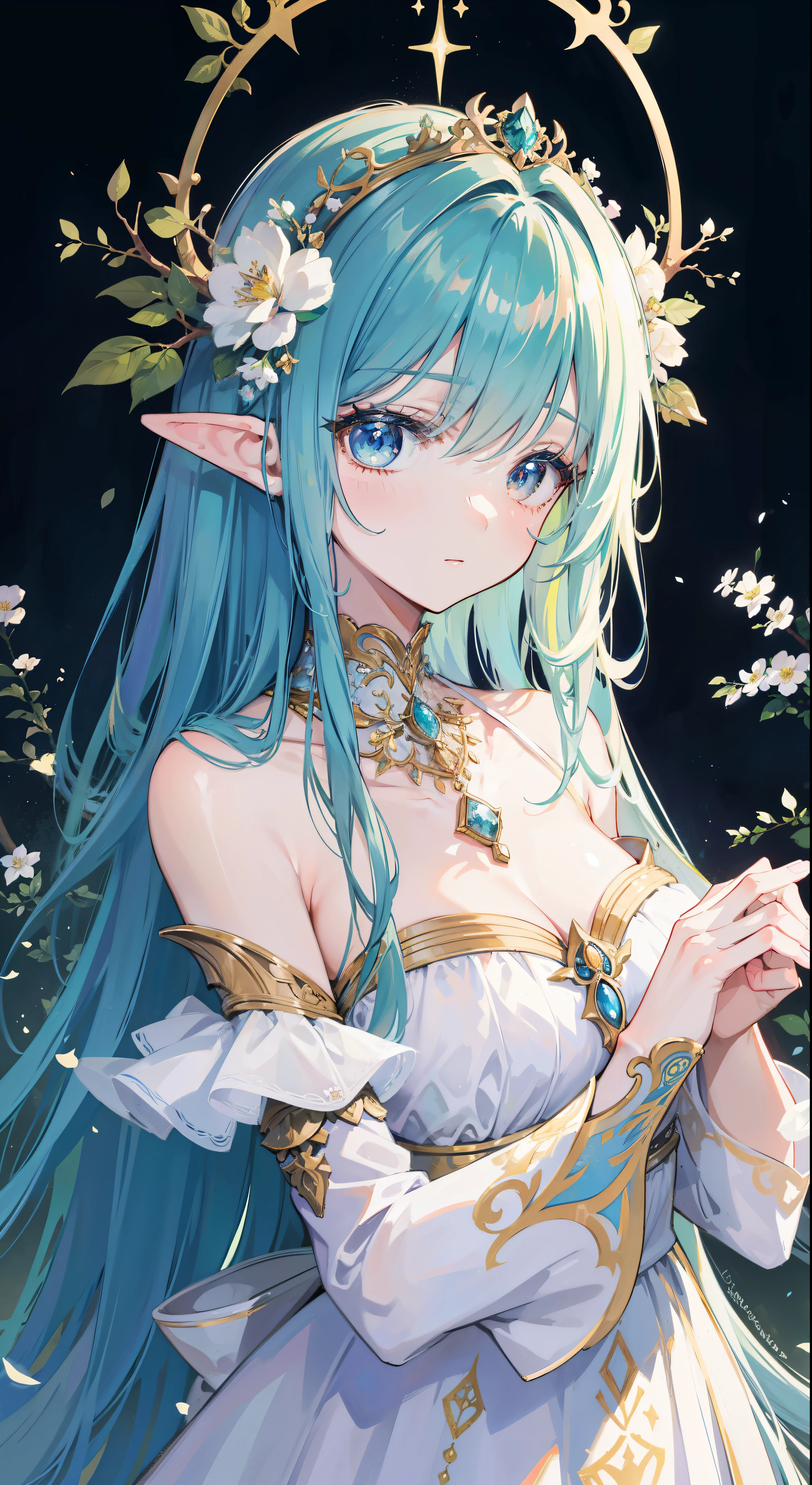 high quality，masterpiece，Exquisite facial features，fine hair，exquisite eyes，fine hair，anime manga girl，antlers，black hair，Floral fragrance, Fantastic style, fantastic garden，Fantasy style clothing,romantic dress,  Beautiful and elegant elf queen, beautiful fantasy queen, fantasy art style, ((beautiful fantasy queen)), Anime Fantasy Illustration, high priest, Fairy Queen of the Summer Forest, anime art nouveau, Jungle goddess, Portrait of the Elf Queen, A beautiful artistic illustration，8k high quality细节艺术（Exquisite facial sculpting）（Fine hair depiction）（best quality）（Masterpiece）（High degree of completion）（a sense of atmosphere）8k wallpaper，masterpiece，best quality，Super detailed