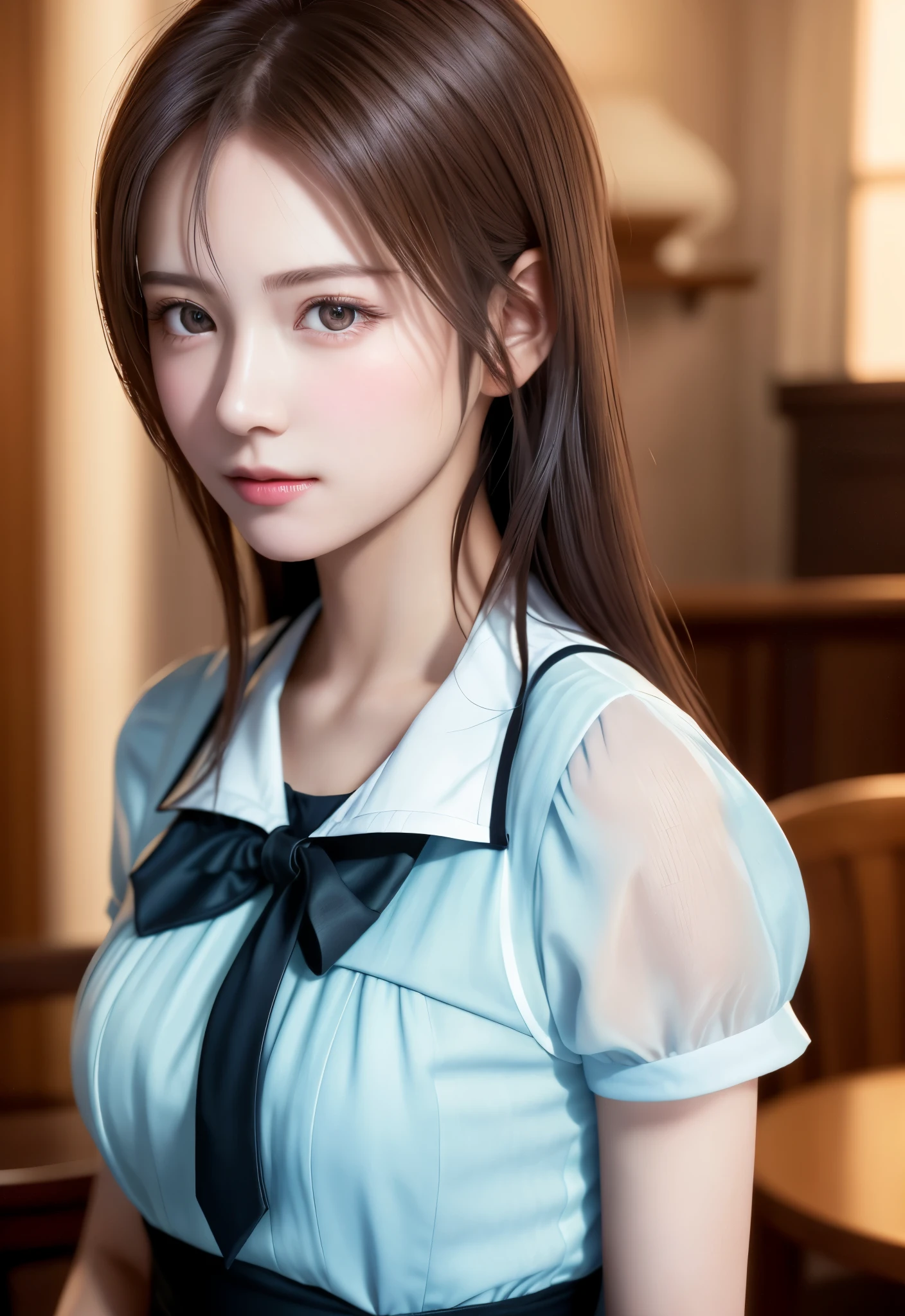 8k, top quality, table top:1.2), (realistic, Photoreal:1.37), top quality, table top, beautiful young woman, pensive expression,、attractive、and an inviting look, cute maid clothes, tie hair back, cinematic background, bright skin tone