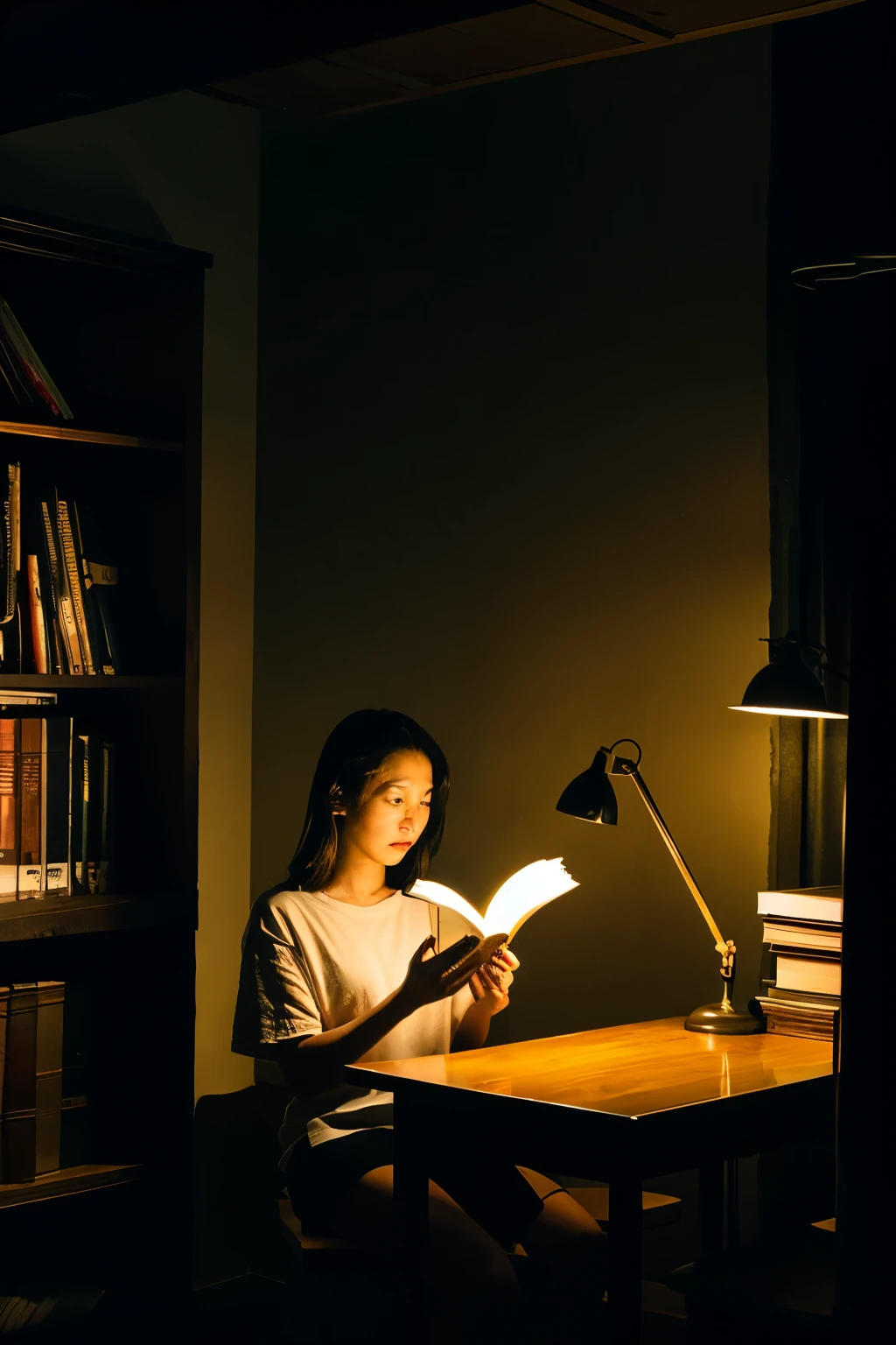 Reading middle bookshelf and table in the dark room here
