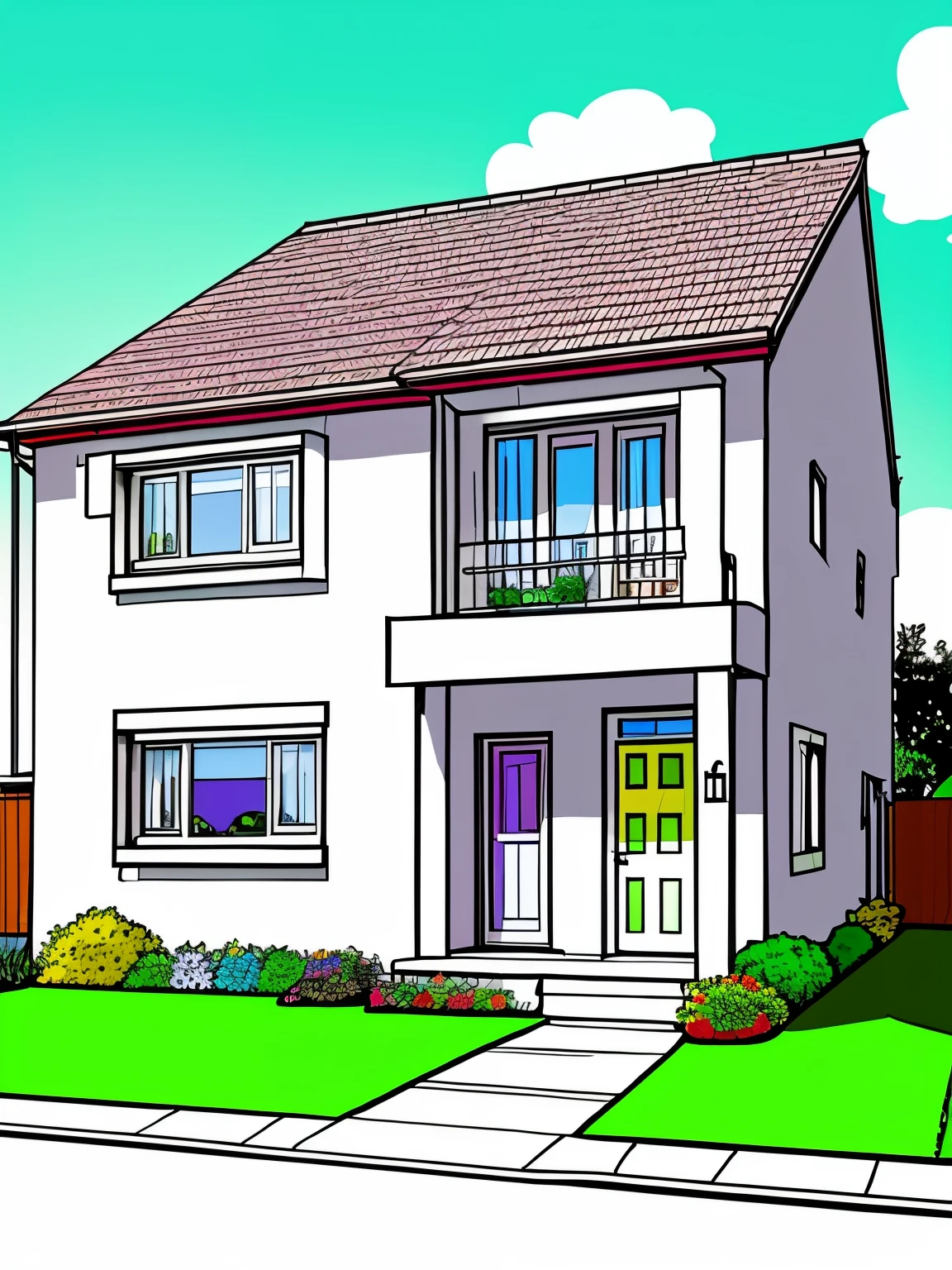 Line art in bright colours, front of house in the style of animation 