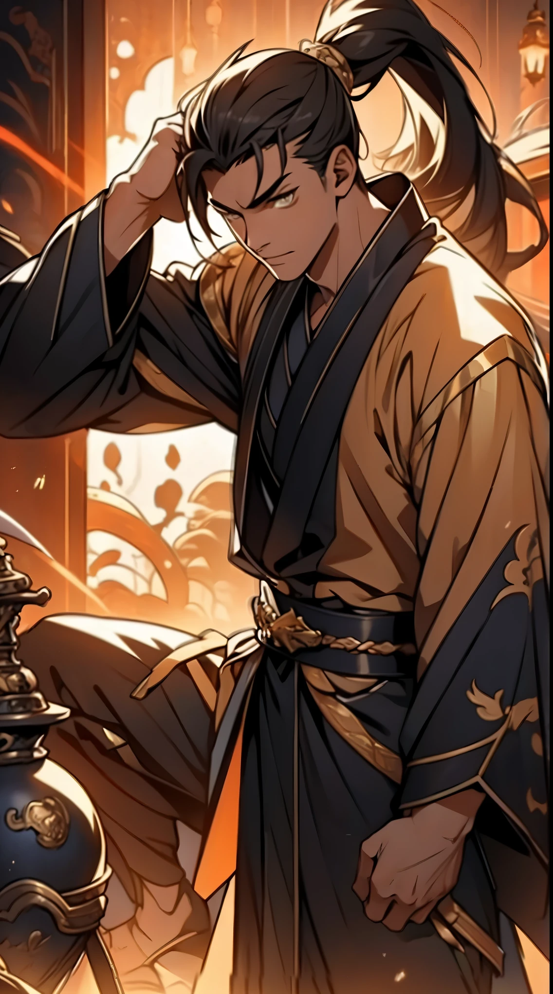 Two dimensions,anime style,one person(male warrior),proportions are correct,facial details,swordsman,high ponytail hairstyle,neck detail,Have an Adam's apple,Black and gold robe,joke,Black and gold robe,clothing details,Hand over,long sleeves,Game quality,fencing,Ray tracing,Ray tracing,Detailed glow,CG rendering,hair details,Long black and blond hair,Black-gold eyes,Handsome,Handsome,(Youthful feeling),Costumes are complicated,Perfect composition,refine,high quality,higher details,many details,Complex background,a sense of atmosphere,