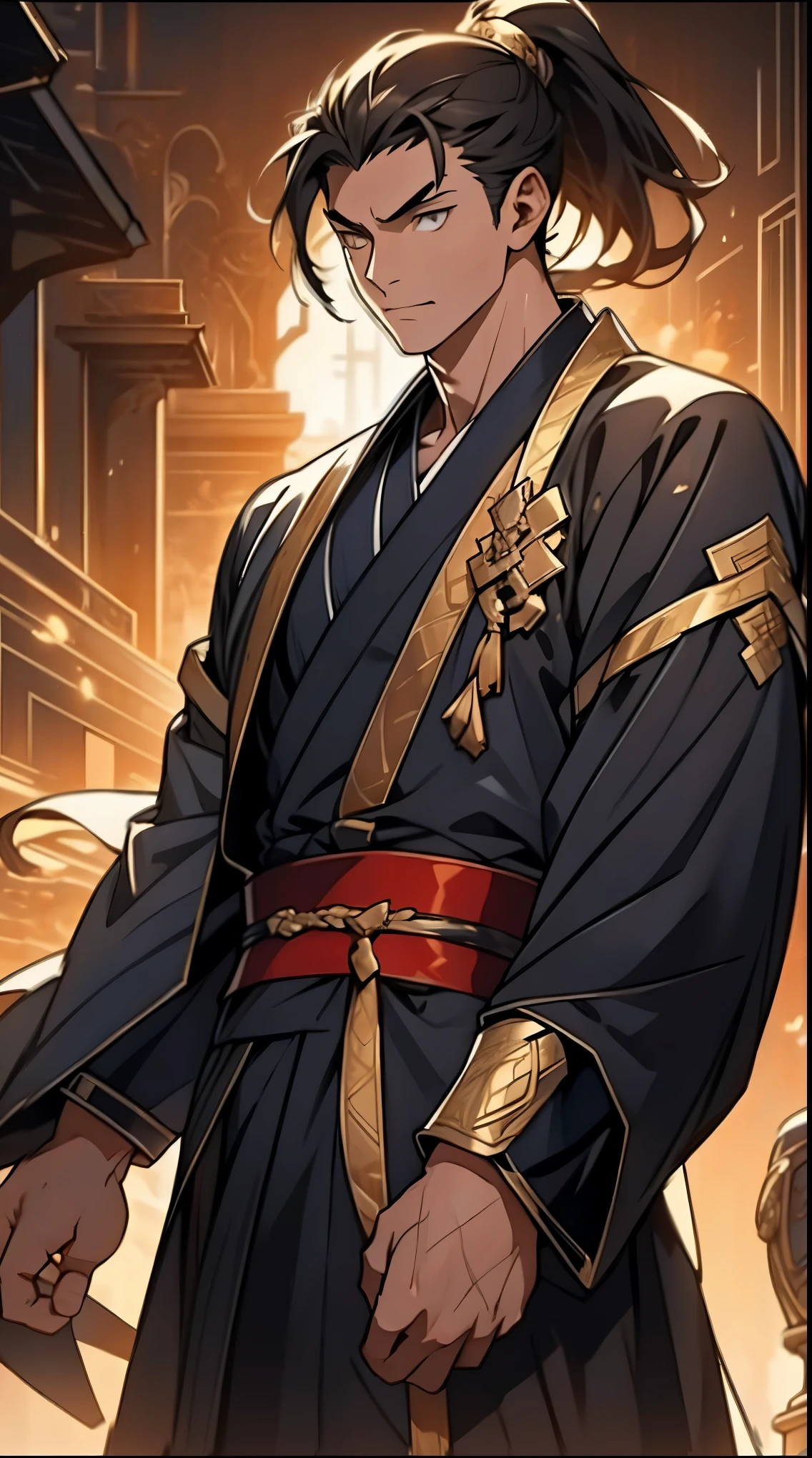Two dimensions,anime style,one person(male warrior),proportions are correct,facial details,swordsman,high ponytail hairstyle,neck detail,Have an Adam's apple,Black and gold robe,joke,Black and gold robe,clothing details,Hand over,long sleeves,Game quality,fencing,Ray tracing,Ray tracing,Detailed glow,CG rendering,hair details,Long black and blond hair,Black-gold eyes,Handsome,Handsome,(Youthful feeling),Costumes are complicated,Perfect composition,refine,high quality,higher details,many details,Complex background,a sense of atmosphere,