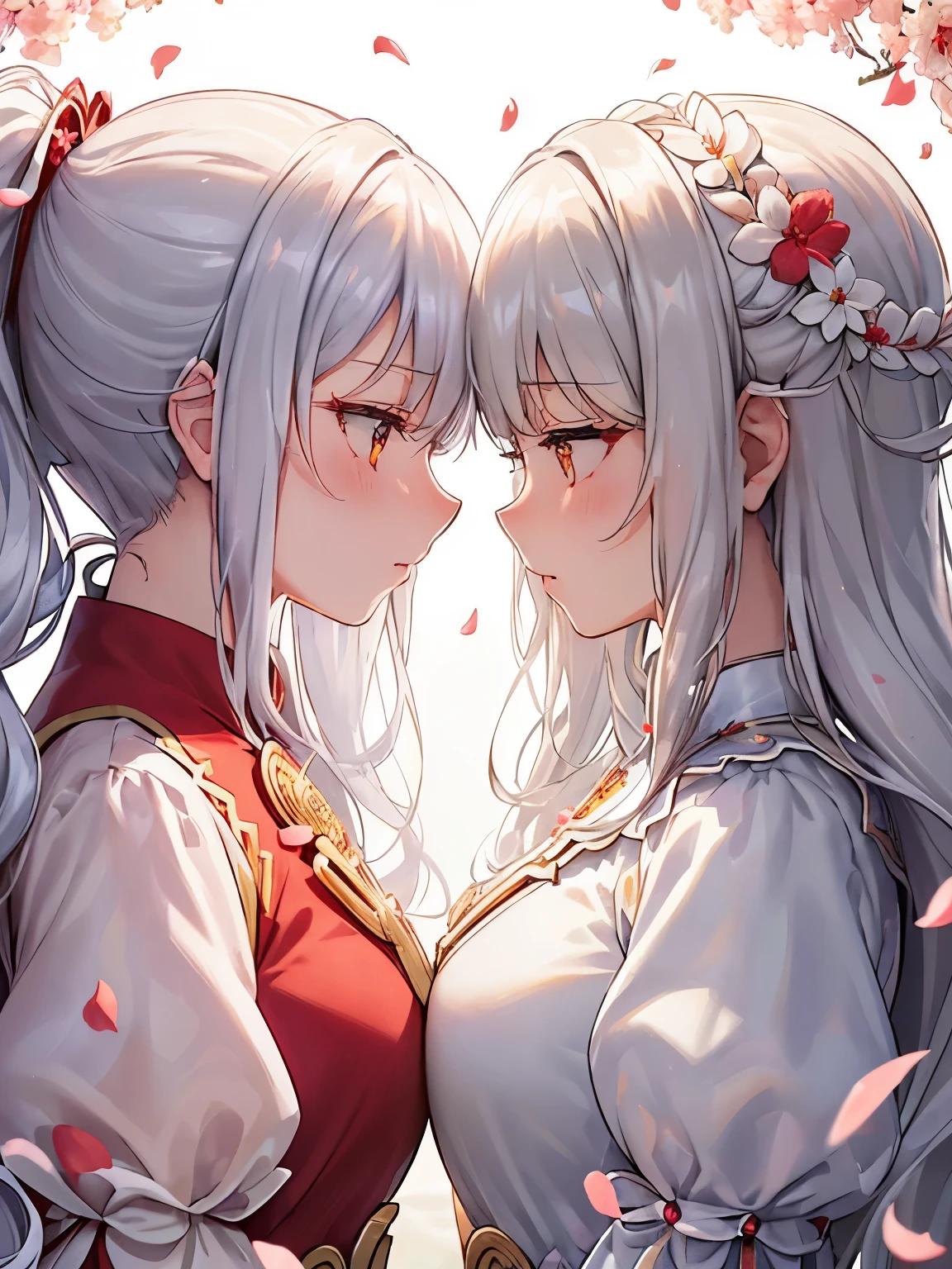 two similar girls,Fluffy and curly hair,(Silvery shiny hair:1.2),ponytail,(Noble knight appearance:1.3),(profile:1.4),(Side view:1.3),Hair and clothes blowing in the wind,(The fluttering hem of clothes),(Flower field with a large amount of red and white petals),(朧月:1.4),((angle from below:1.2)),(close up of face:1.2),((Princess)),