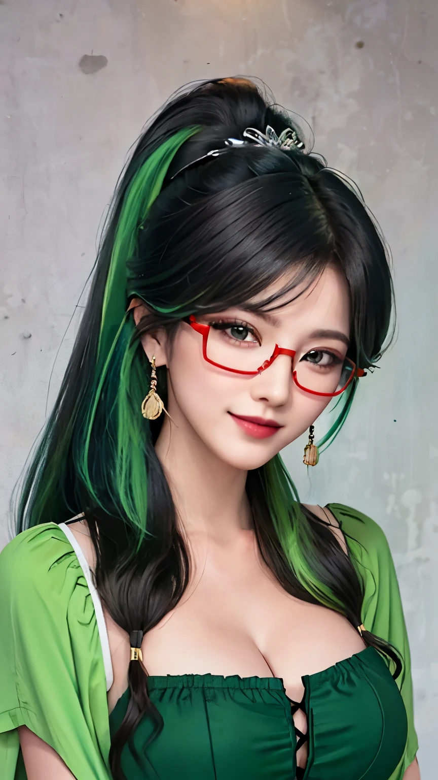 Long ponytail hairstyle，Black hair and green hair, Good-looking hair accessories, , Color contact lenses(Shelley Gregg）,  Eye color is light green,Wearing red glasses, medium breasts, smiley face, jewelry（earrings）, modern, chiaroscuro, light, Nikon, 85mm, high quality, 8k, best quality, Ultra-detailed