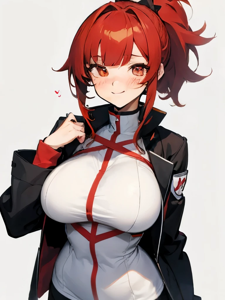 Anime girl,perfect face,perfect body,large breasts,huge hip,tall,smiling,1 ponytail,medium hair,blush,red hair,white eyes,school outfit, tight black jacket,