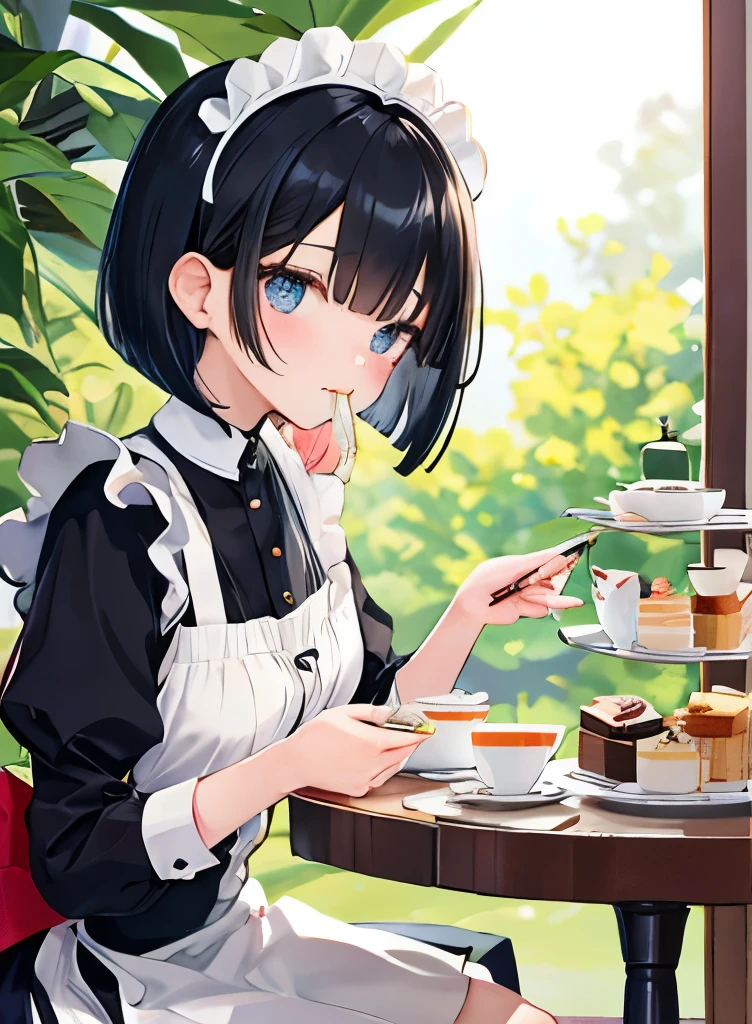 maid、black hair bob、Fashionable shop、Foliage plant、Round table、Afternoon tea、Eating cake with a fork、put your hair over your ears、upward glance