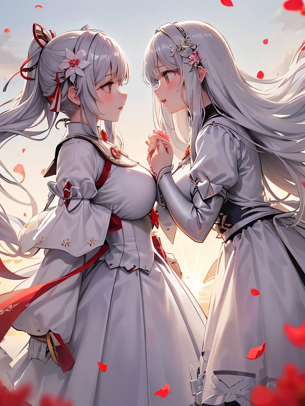 two similar girls,Fluffy and curly hair,(Silvery shiny hair:1.2),ponytail,(Noble knight appearance:1.3),(profile:1.4),(Side view:1.3),Hair and clothes blowing in the wind,(The fluttering hem of clothes),(Flower field with a large amount of red and white petals),(朧月:1.4),((angle from below:1.2)),(close up of face:1.2),((Princess)),