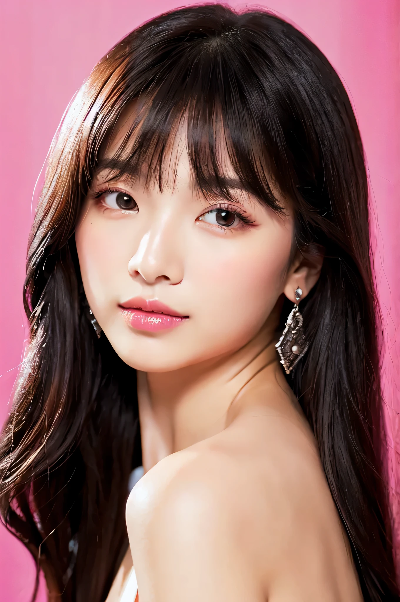 Fair skin、long hair、the background is white、Lipstick is pink、black hair、With bangs、model、face