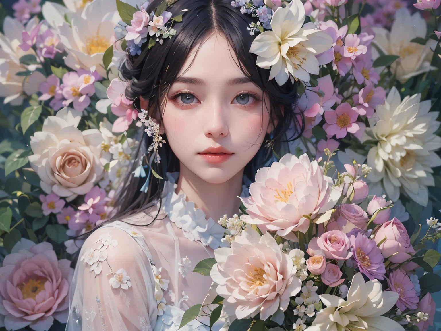 ladies and bouquet，Portrait close-up，She looked at me with very beautiful and kind eyes.Detailed Schneider pastel ink, Soft and wonderful, fluffy, (extremely exquisite), (perfect details)、(pastel colors),Soft texture:1.2.(on the table, best quality), (Delicate and beautiful eyes), (Detailed eyes and detailed face),（Black silky hair), The color is also significantly brighter.Pale blurry silhouette，Flowers bloom all around