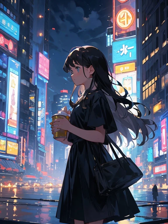 A bustling metropolis filled with towering skyscrapers, 1 girls, and neon lights that illuminate the night sky.