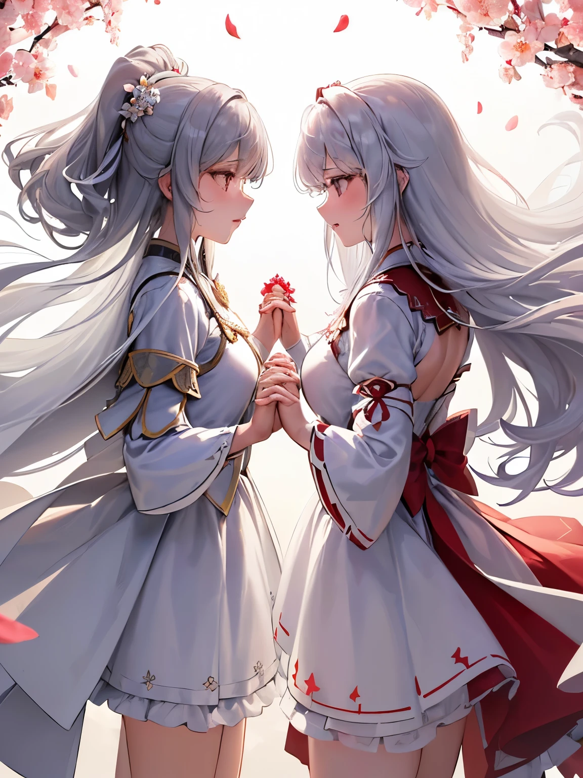 two similar girls,Fluffy and curly hair,(Silvery shiny hair:1.2),ponytail,(Noble knight appearance:1.3),(profile:1.4),Hair and clothes blowing in the wind,(The fluttering hem of clothes),(Flower field with a large amount of red and white petals),(朧月:1.4),((angle from behind:1.2)),(close up of face:1.2),((Princess)),((Rear view with one hand held:1.4))
