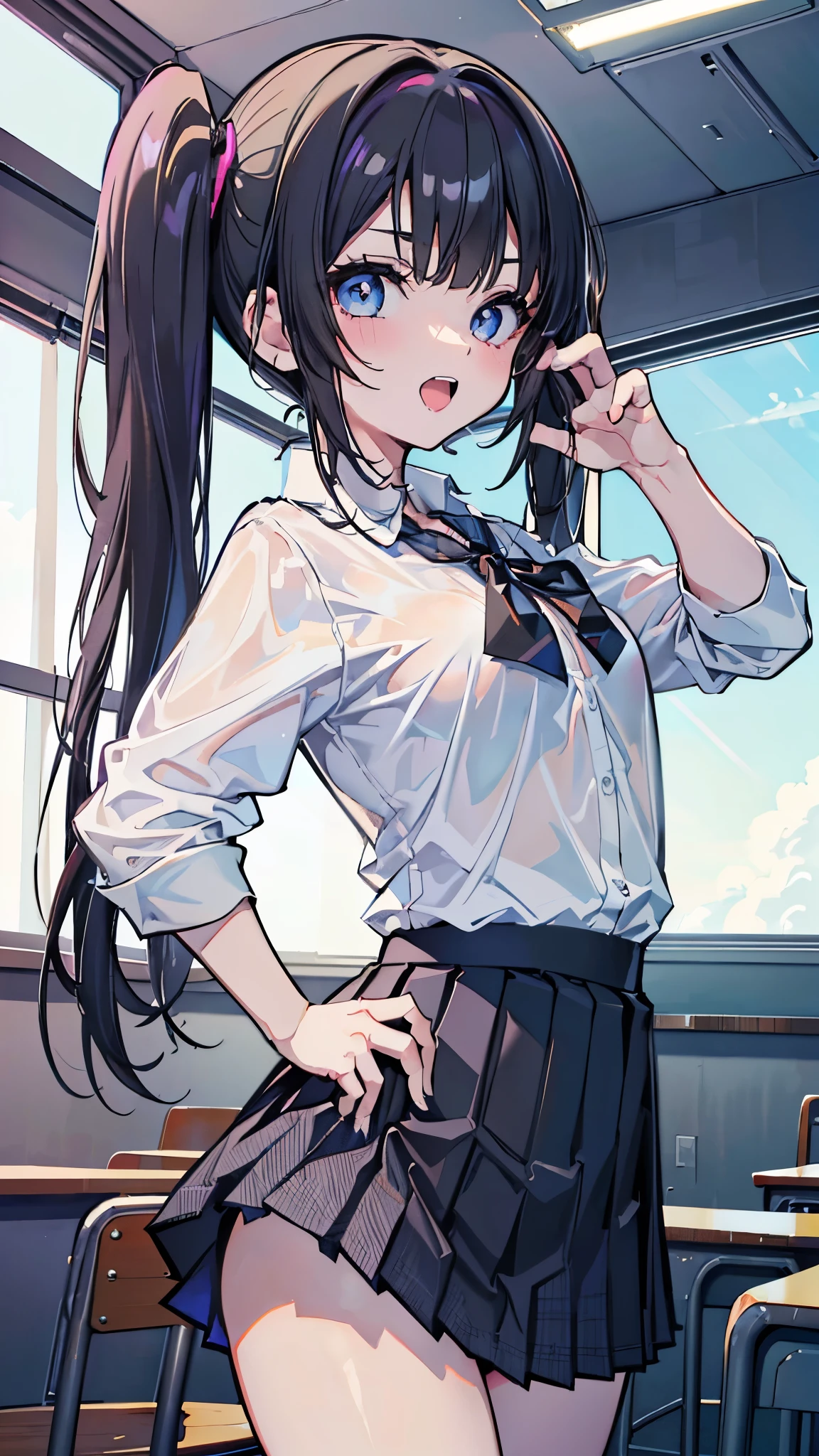(8K、best image quality、highest quality、masterpiece)、detailed face、1 girl、gyaru、black hair、twintails、blunt bangs、light blue eyes、open your mouth and laugh、tooth、((small breasts))、((white shirt))、open clothes))、((black pleated skirt))、((miniskirt))、cowboy shot、classroom background