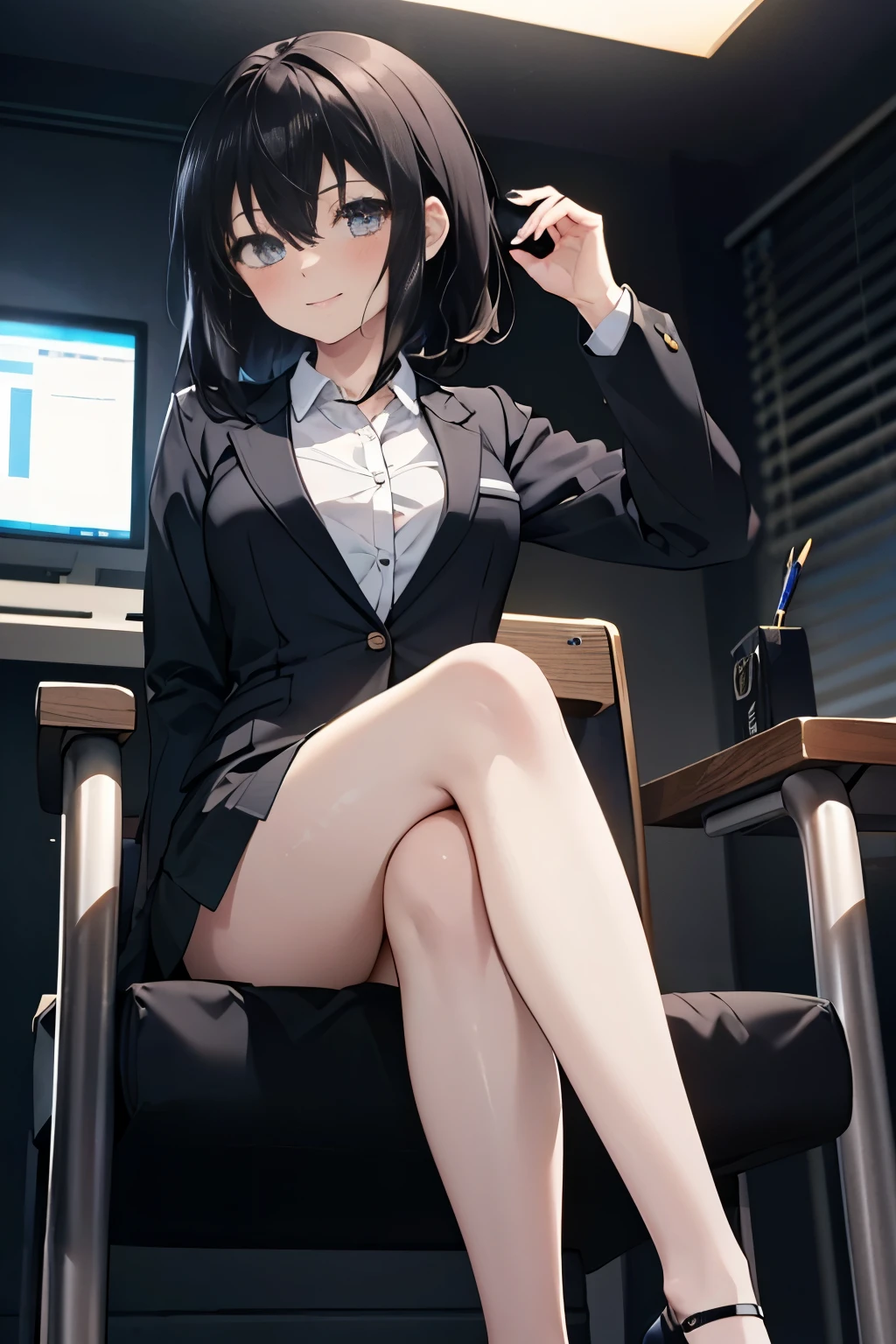 8k,highest quality,masterpiece,1girl ,Yukina Himeragi ,Yukina Himeragi 　strike the blood,black hair,short hair,brown ruby eyes,ponytail,  medium chest, OL, Black Abyss glasses, end, black suit jacket, collared jacket, white dress shirt, collared shirt, neckline, button, strap, ID card on neck, black pencil skirt, black pantyhose, stiletto heels,smile, blush, looking at the viewer, fascinating, office,sitting in a chair,(masterpiece:1.2), highest quality, High resolution, unity 8k wallpaper, (shape:0.8), (beautiful and detailed eyes:1.6), highly detailed face, perfect lighting, Very detailed CG, (perfect hands, perfect anatomy),