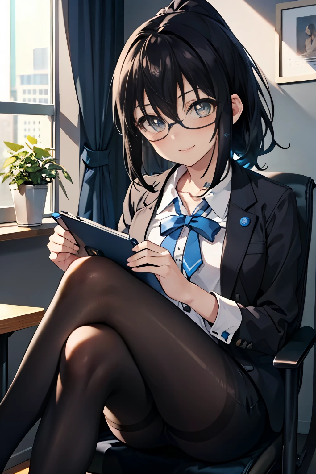 8k,highest quality,masterpiece,1girl ,Yukina Himeragi ,Yukina Himeragi strike the blood,black hair,short hair,brown ruby eyes,ponytail, medium chest, OL, Black Abyss glasses, end, black suit jacket, collared jacket, white dress shirt, collared shirt, neckline, button, strap, ID card on neck, black pencil skirt, black pantyhose, stiletto heels,smile, blush, looking at the viewer, fascinating, office,sitting in a chair,(masterpiece:1.2), highest quality, High resolution, unity 8k wallpaper, (shape:0.8), (beautiful and detailed eyes:1.6), highly detailed face, perfect lighting, Very detailed CG, (perfect hands, perfect anatomy),